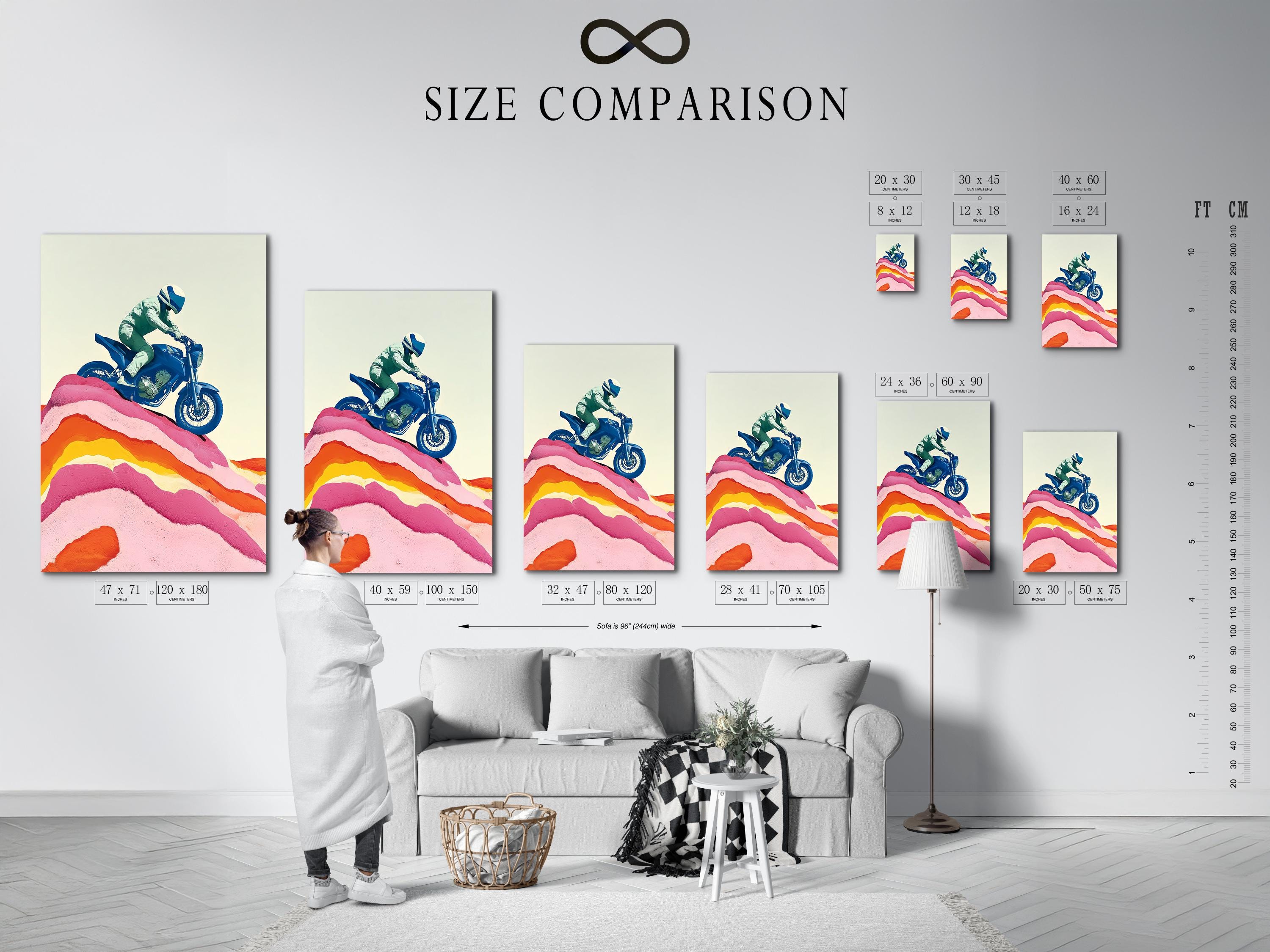 Framed wall mockup showing a stylised blue motorcycle rider over pink and orange mountain ridges