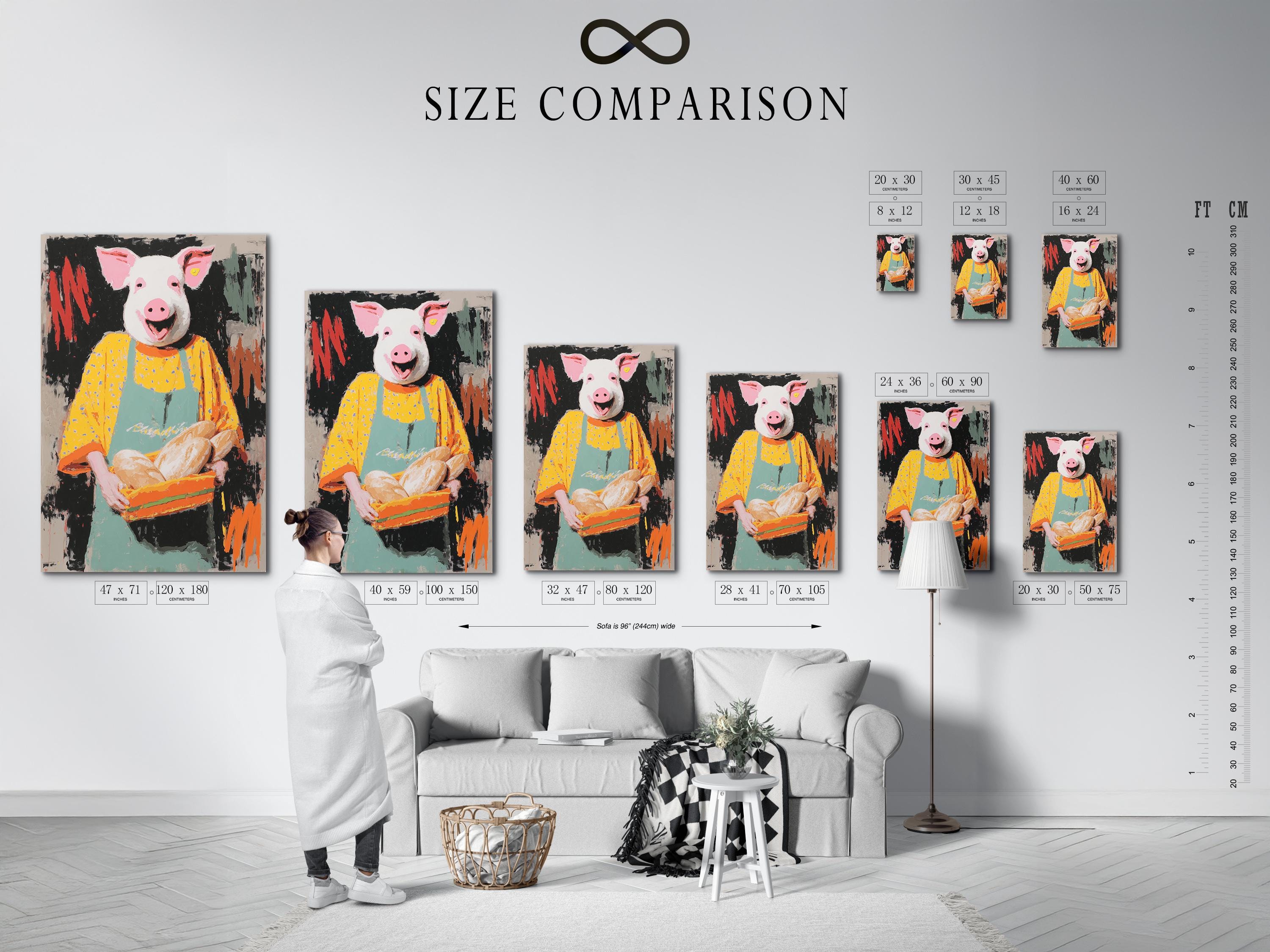 Stylised chef pig holding a tray of buns with a dark splattered background detail view