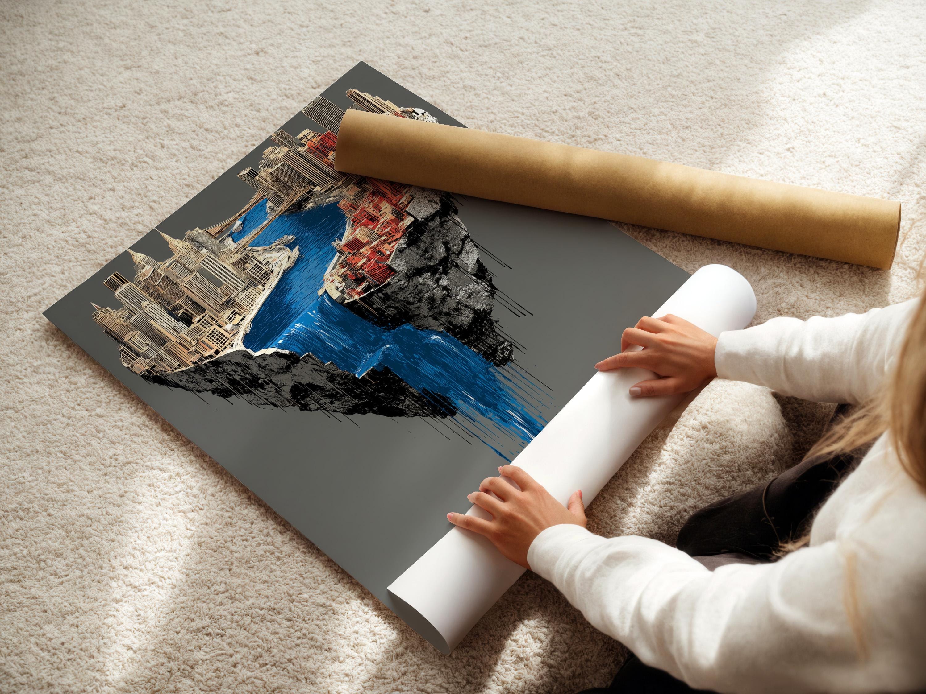 Surreal city skyline with a bright blue waterfall spilling down a floating island detail view