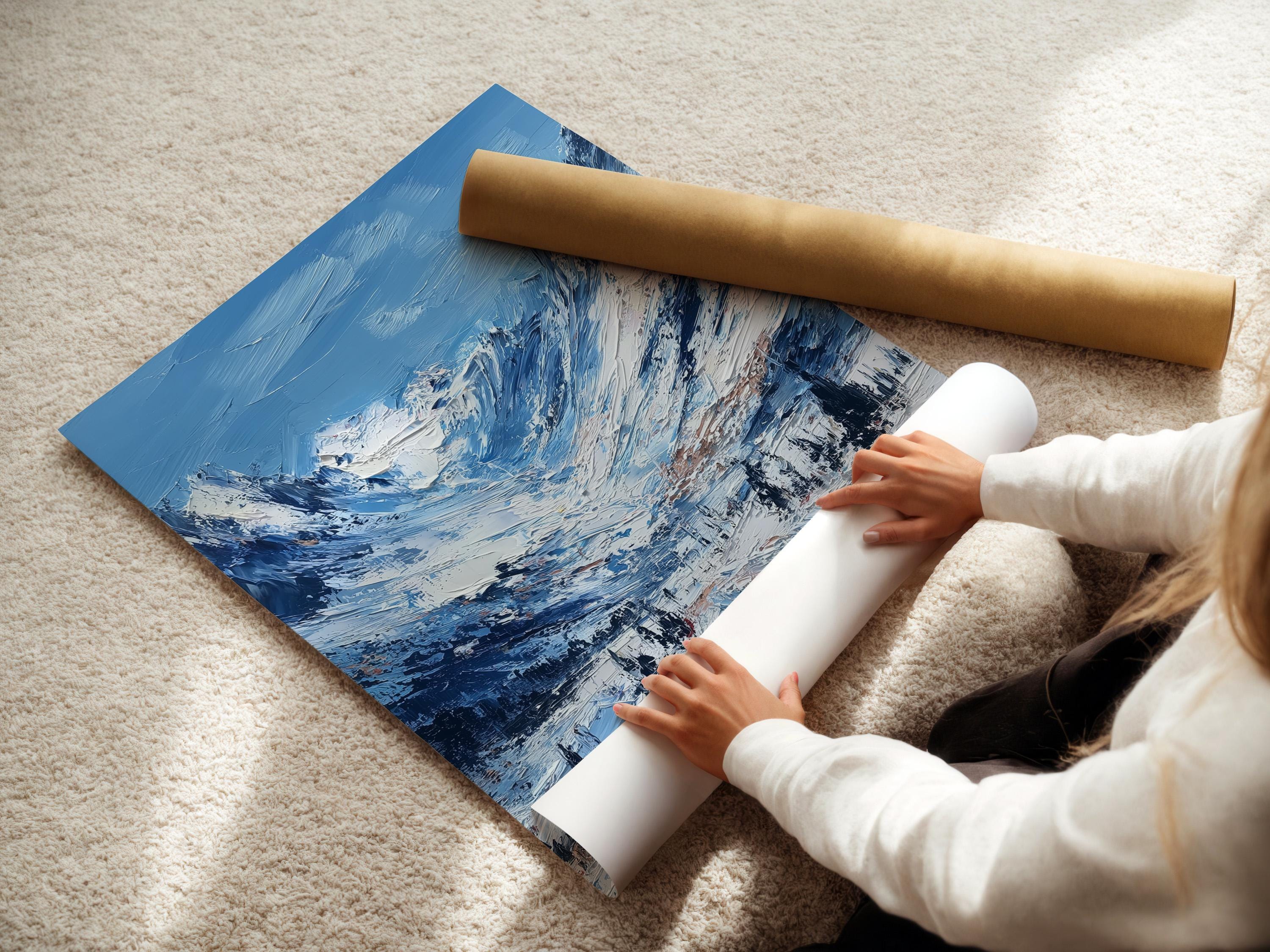 Mockup showing a framed snowy mountain artwork against a light background with rolled print pieces