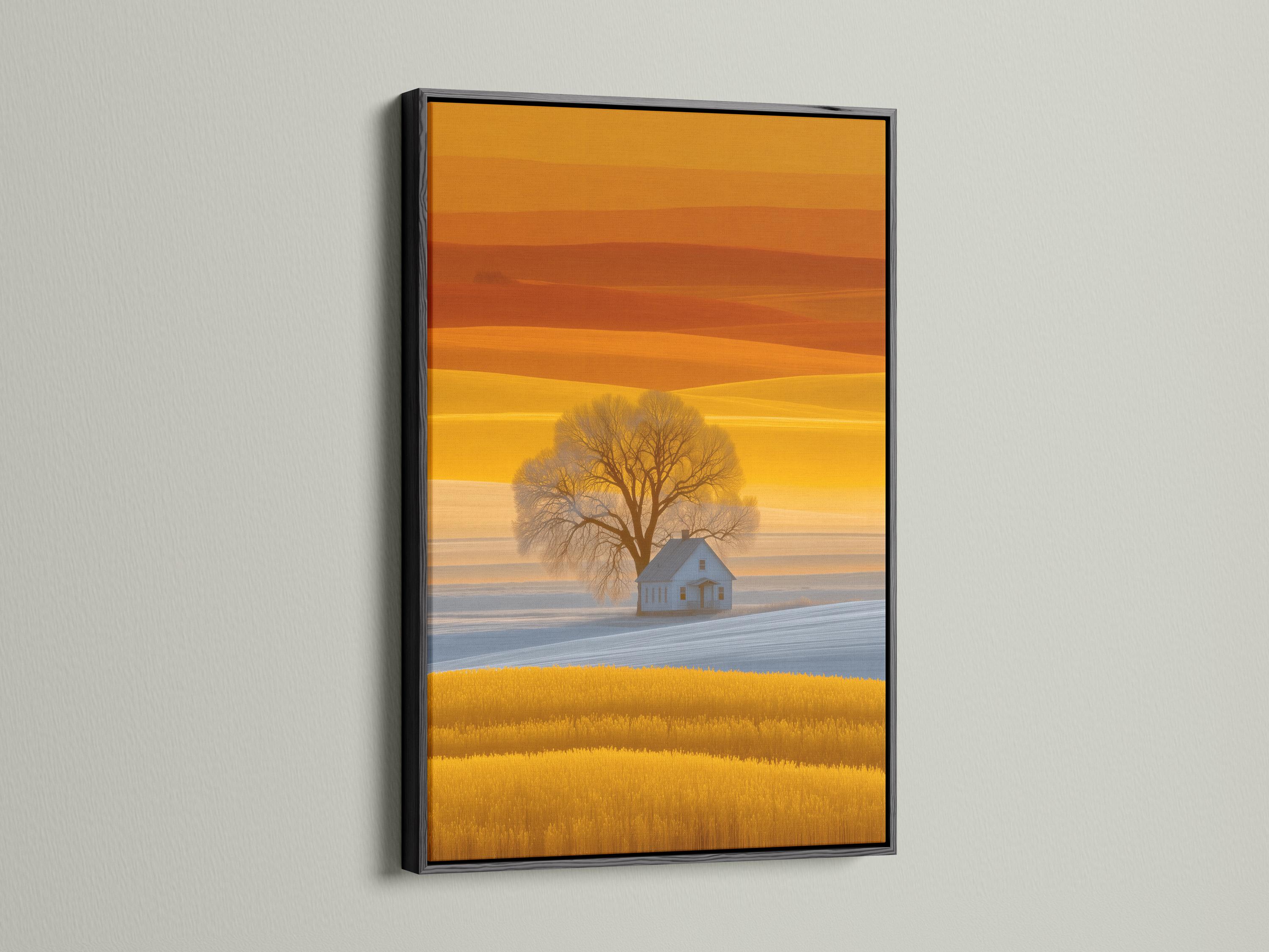 Golden sunset countryside landscape with a leafless tree and a small farmhouse detail view