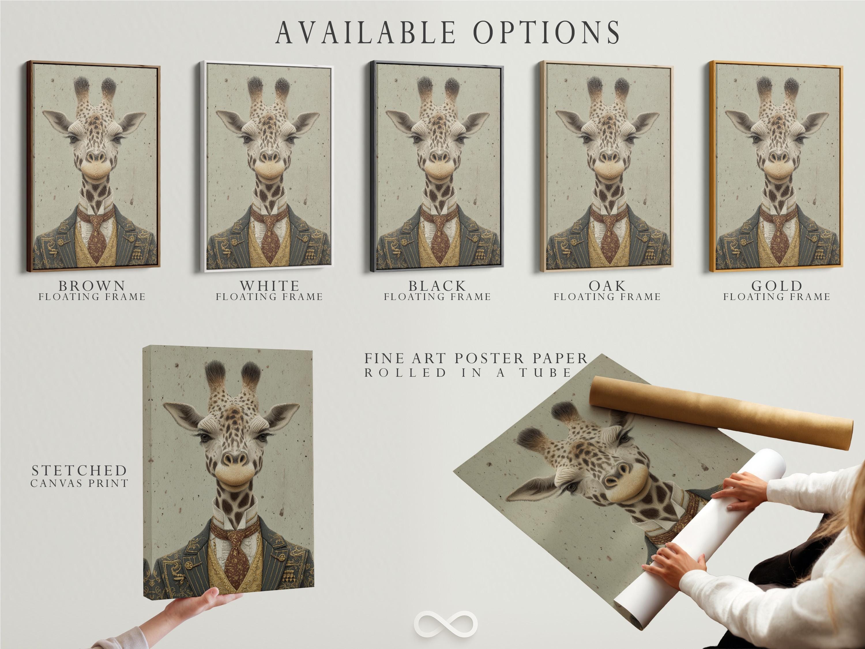 Vintage-style giraffe portrait wearing a formal suit, with antique gold and deep maroon details detail view