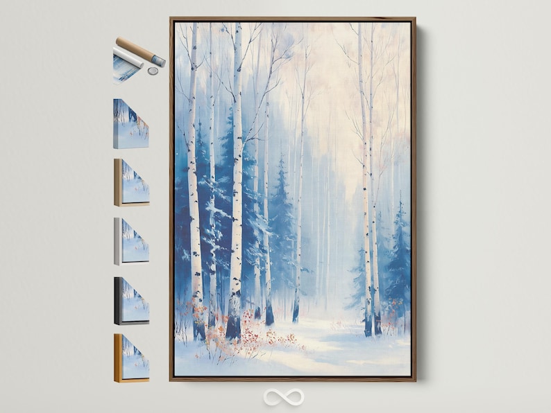 Snowy birch forest painting with pale blue trees and misty winter sky