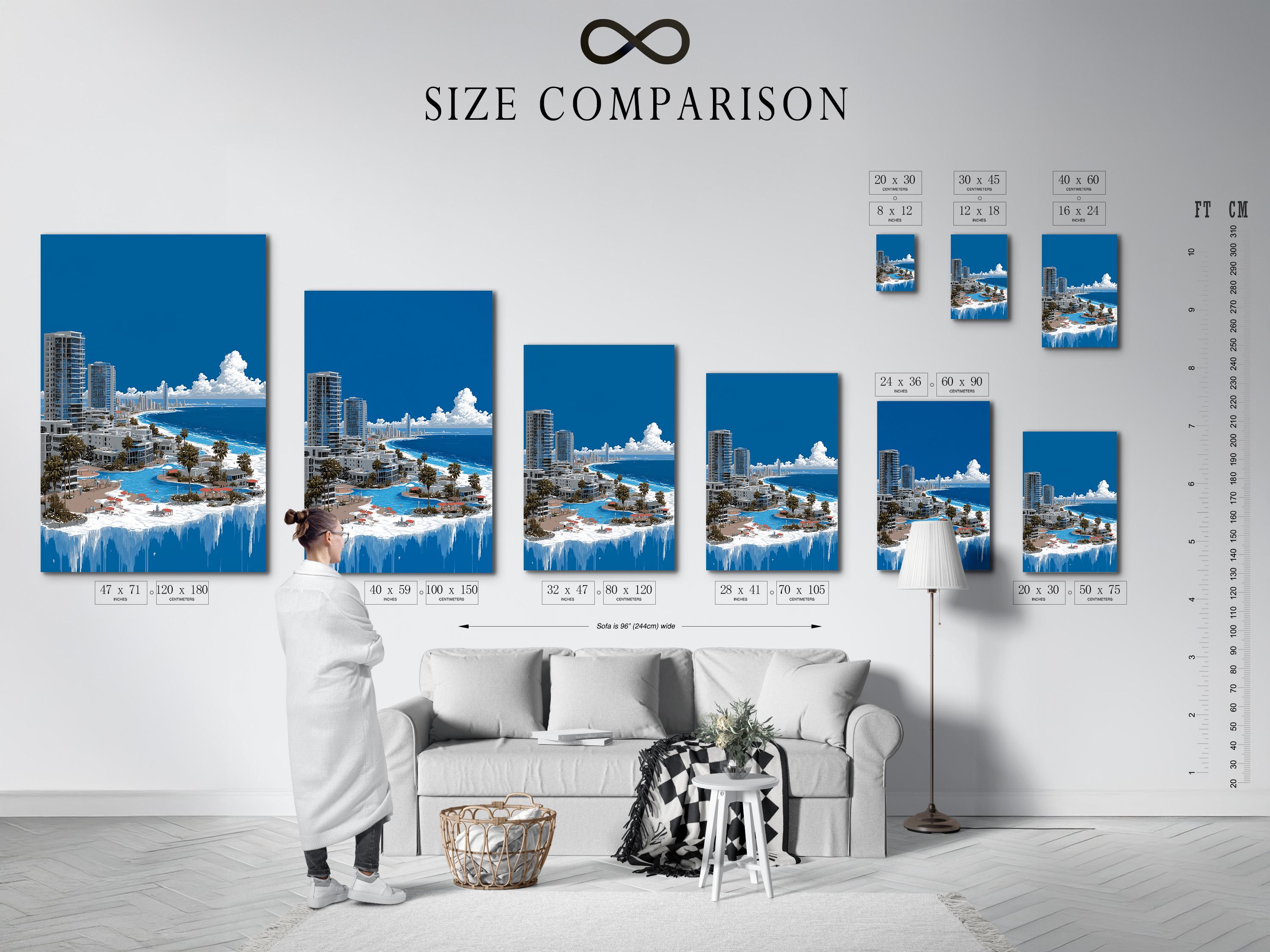 Room mockup showing a framed panoramic coastal cityscape artwork with turquoise ocean and blue sky