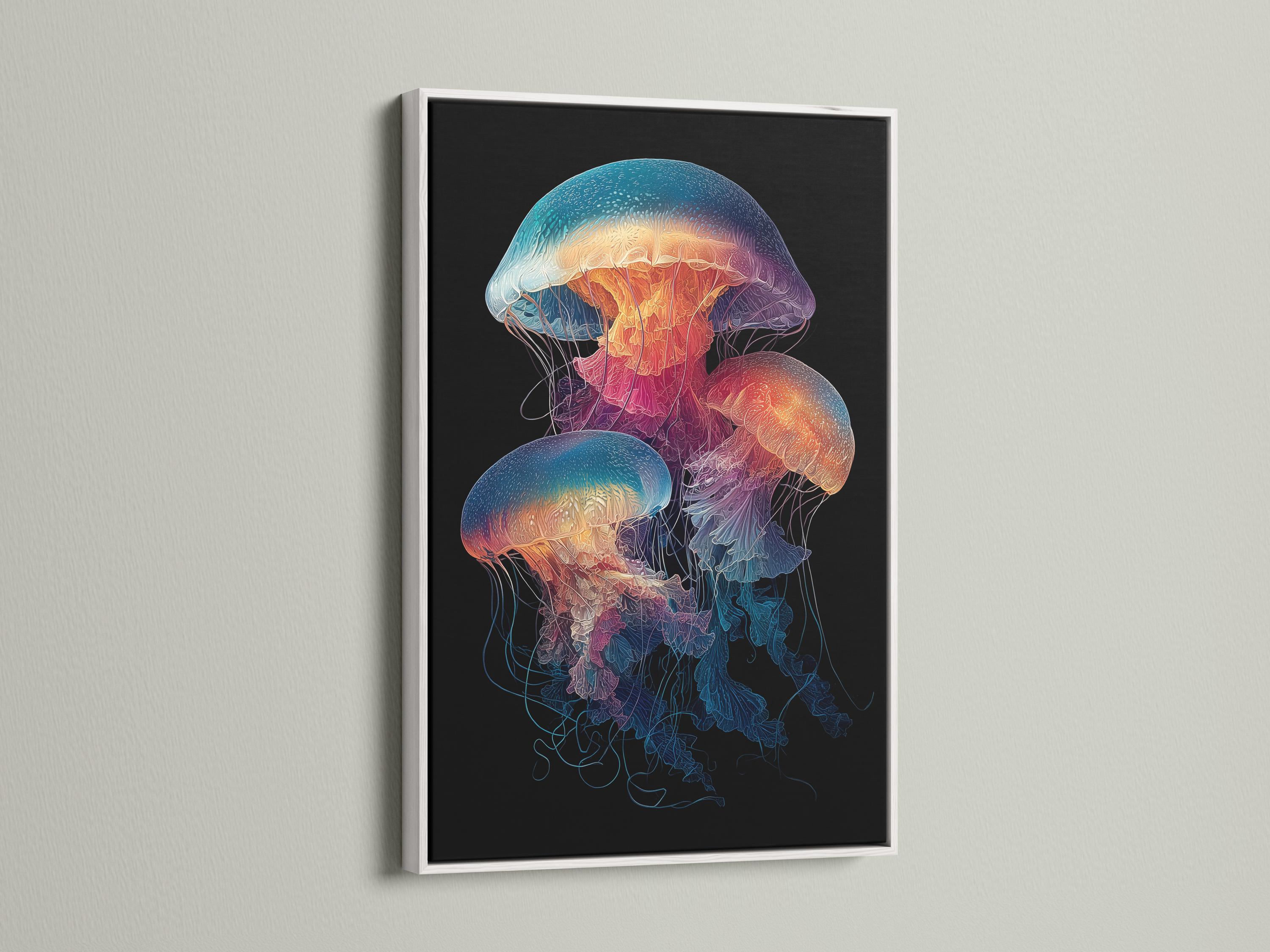 Illustration of a jellyfish with glowing teal, purple and orange colours on a dark background detail view