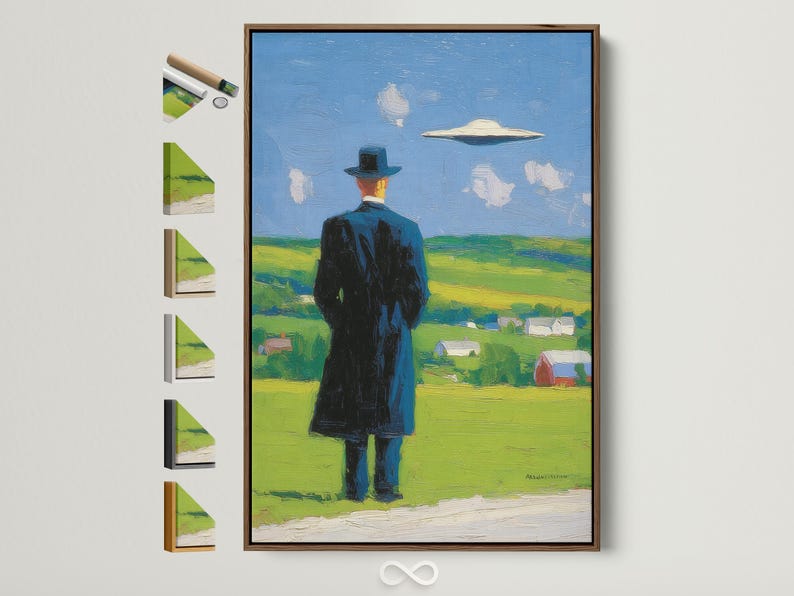 Man in a top hat looking up at a hovering UFO in a blue sky over green countryside