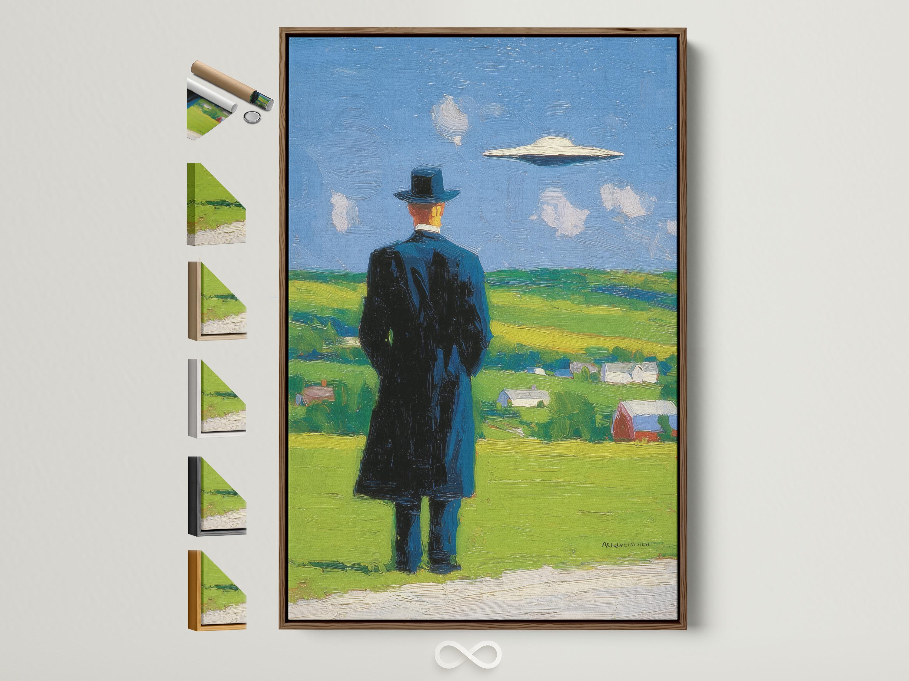 Man in a top hat looking up at a hovering UFO in a blue sky over green countryside