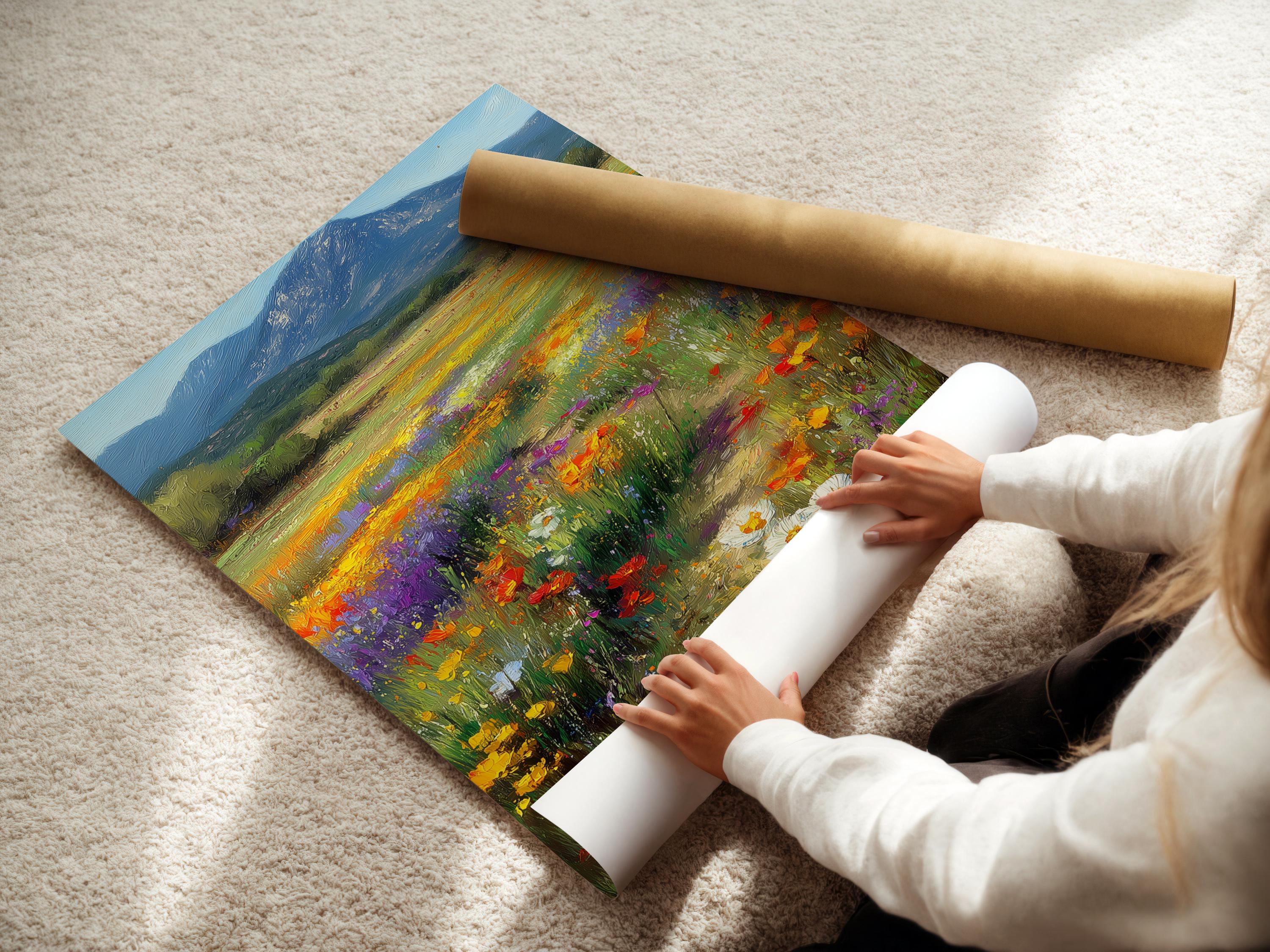 Wildflower meadow landscape with colourful flowers and a blue mountain detail view
