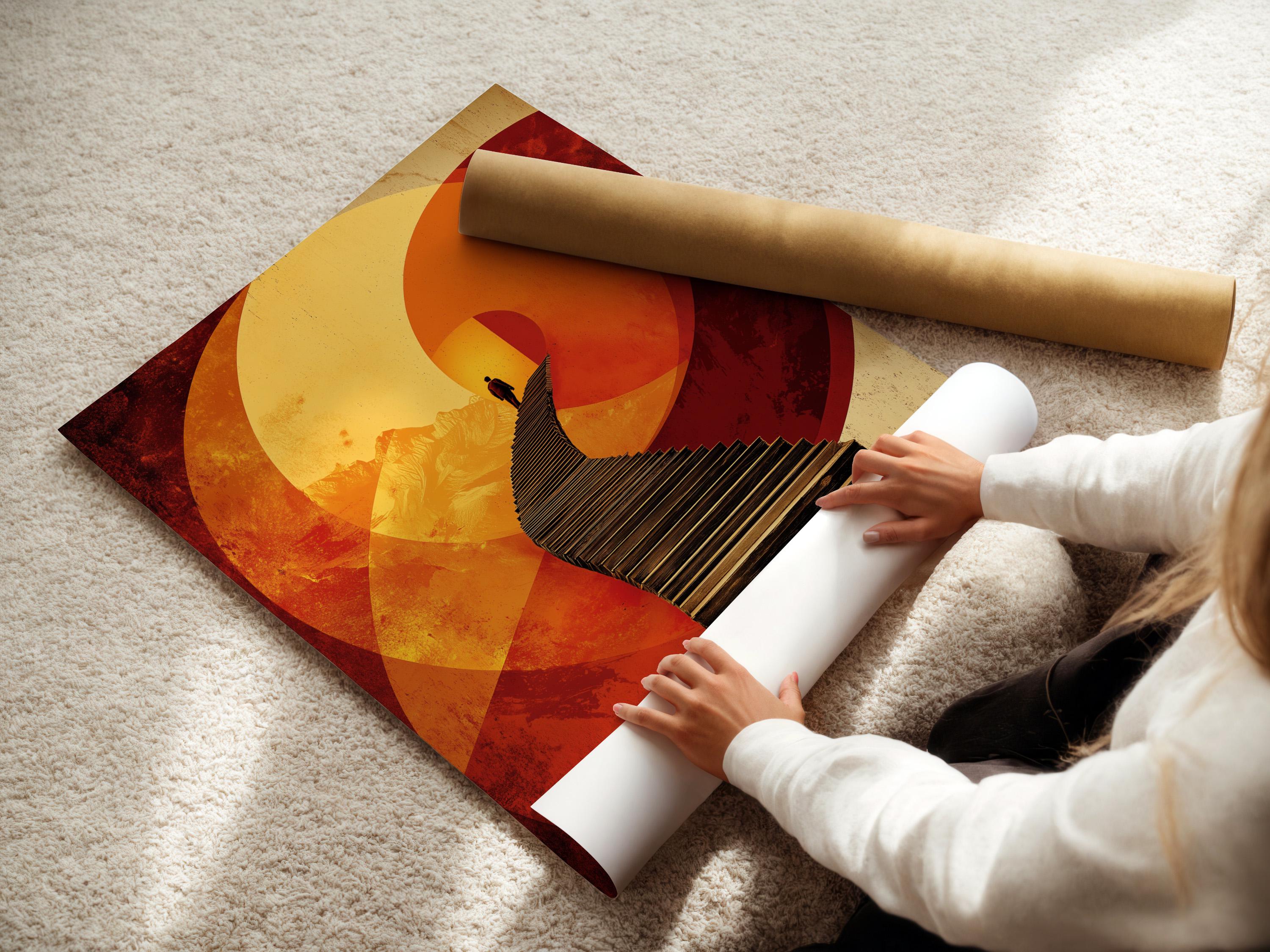 Warm orange and gold geometric arch artwork with a diagonal staircase and a dark silhouetted figure detail view