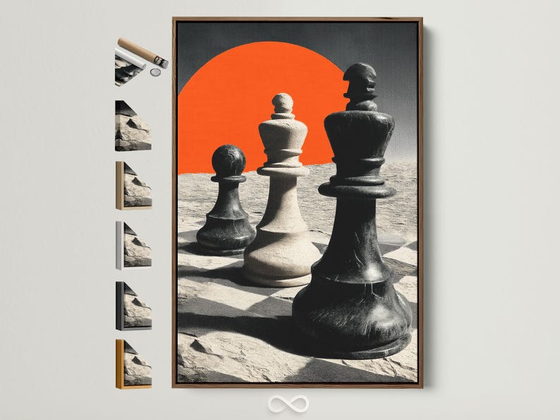 High-contrast chess pieces with an orange sun and monochrome sandy landscape background