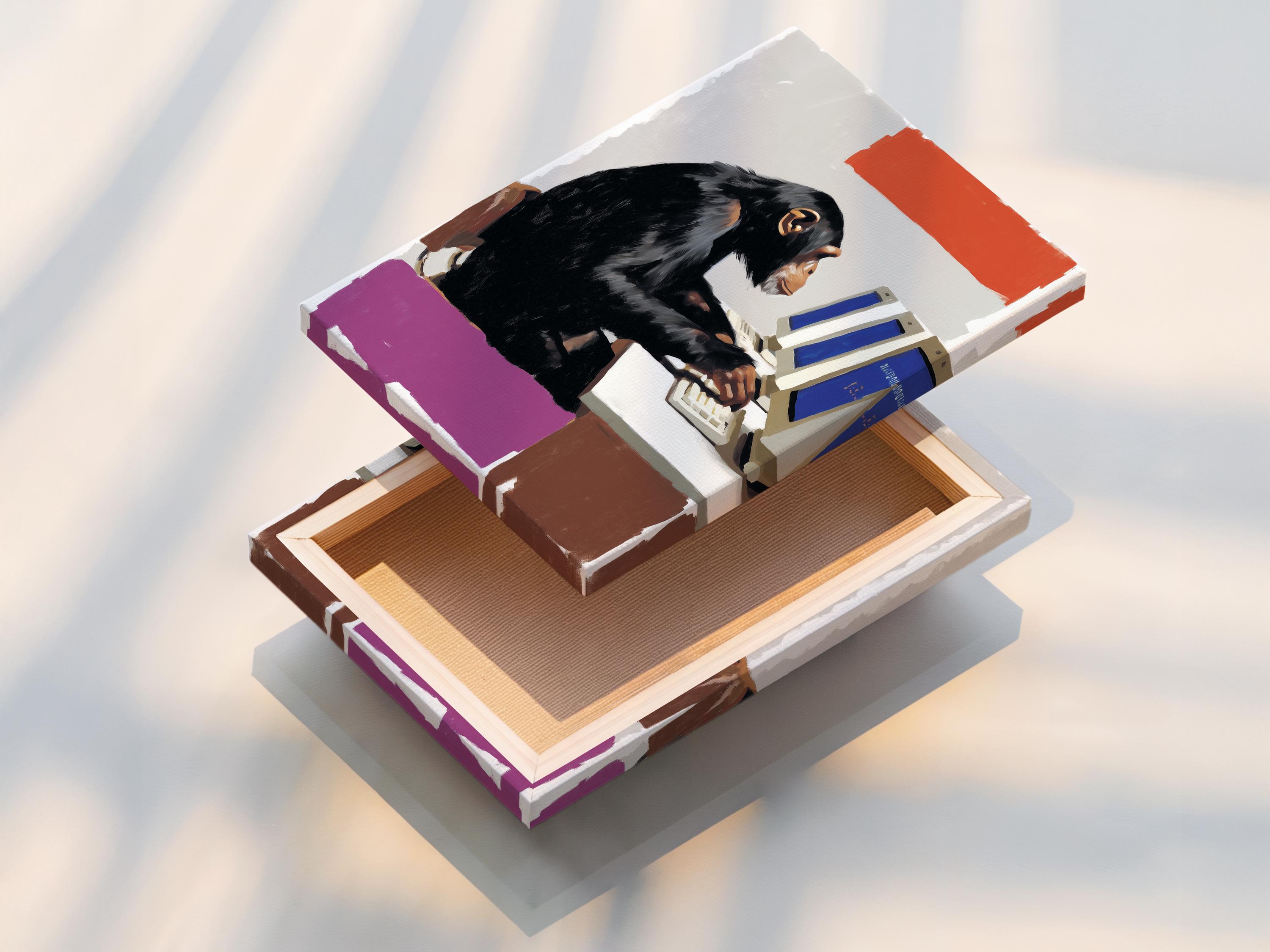 Stylised chimpanzee at a computer with purple and cream blocks and blue screen accents detail view