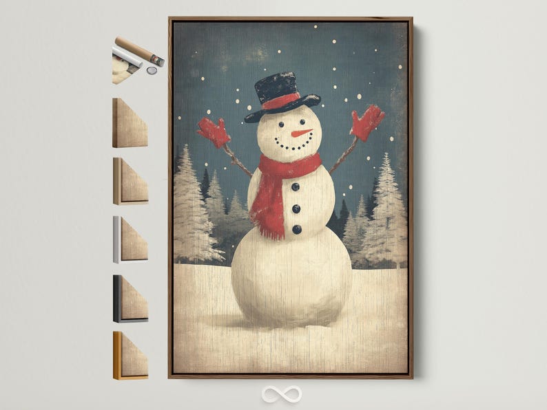 Snowman standing in falling snow with a dark top hat and red scarf in a winter forest scene
