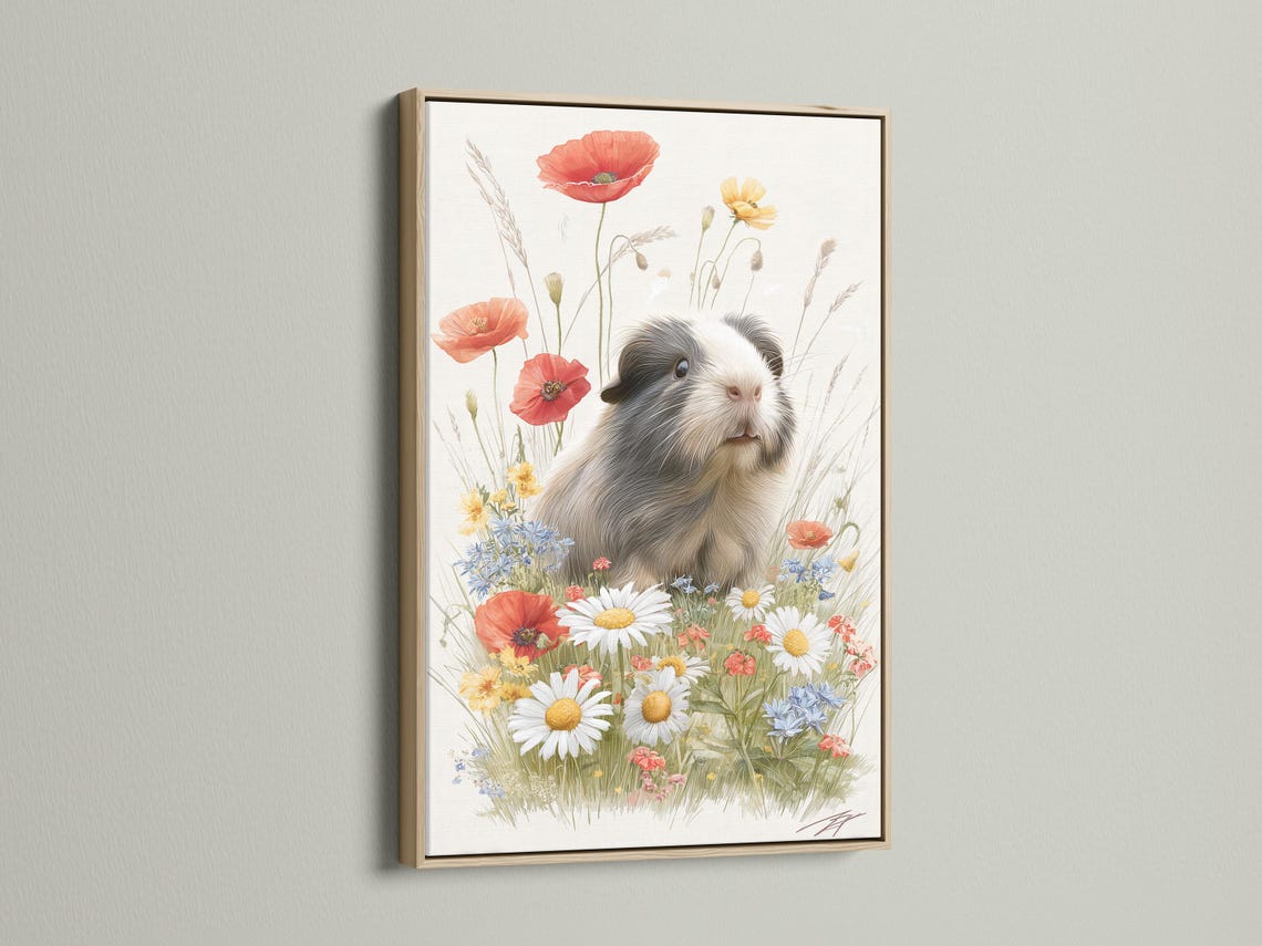 Guinea pig resting in a wildflower meadow with daisies, poppies and blue flowers detail view