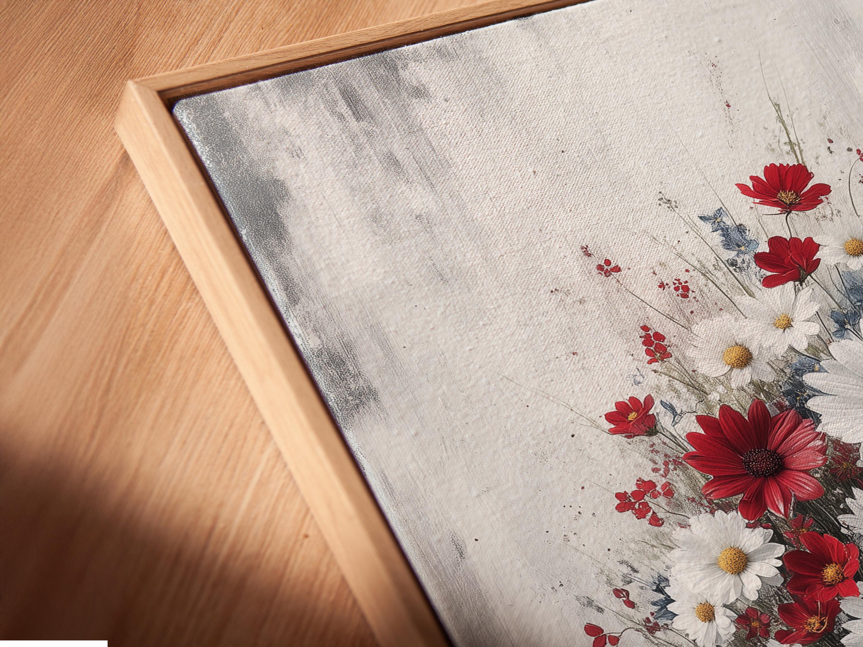 Vintage bathtub filled with red and white daisies on a distressed grey background detail view