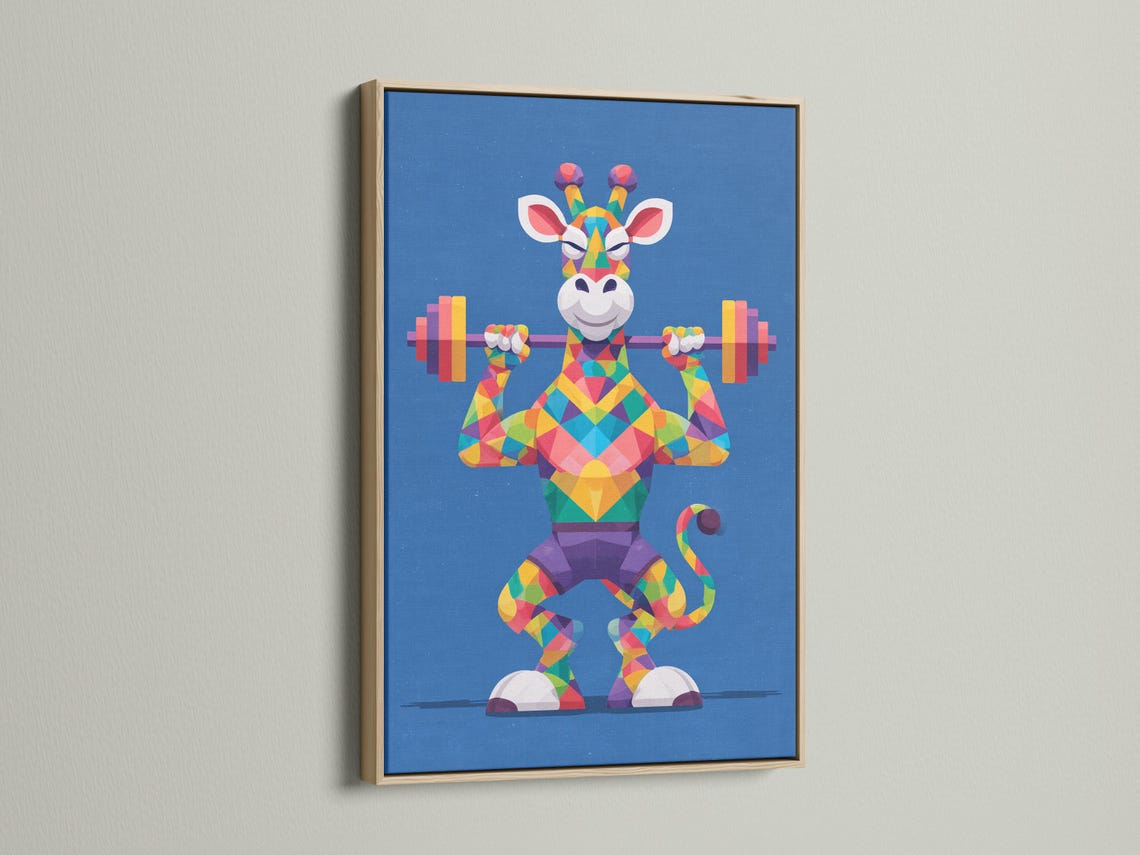 Geometric giraffe lifting dumbbells in bright multicolour polygons on a blue background detail view