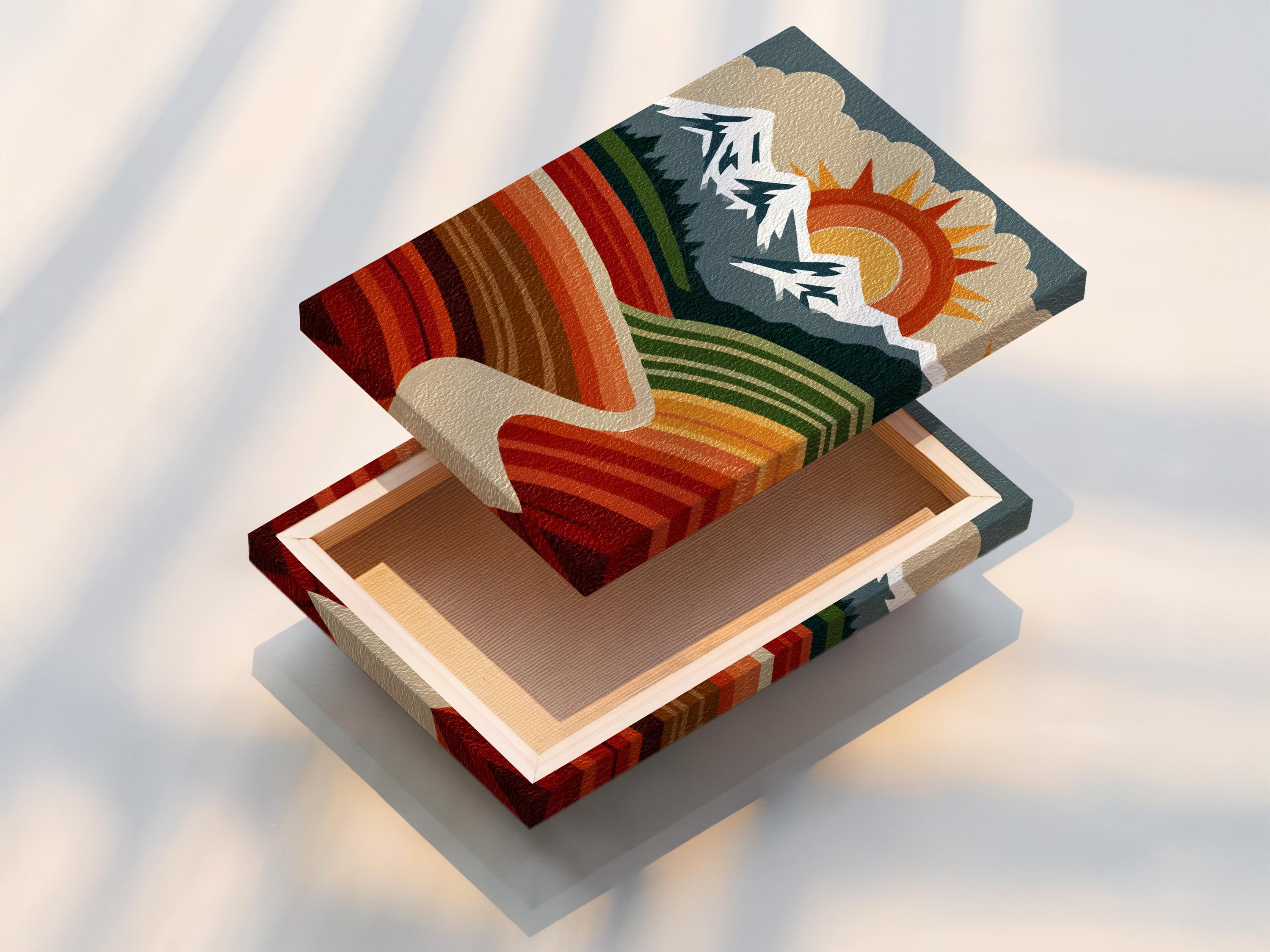 A stylised mountain landscape sits beneath a large retro sun, with layered fields of striped colour and jagged ridge lines detail view