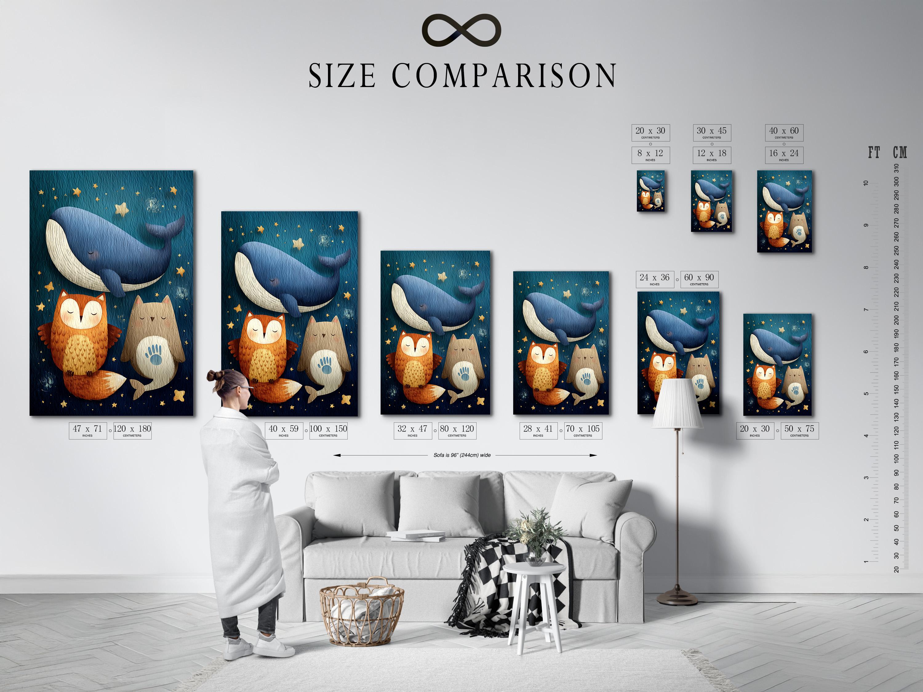 Navy blue animal illustration featuring a large whale, owl-like character, and starry gold accents detail view