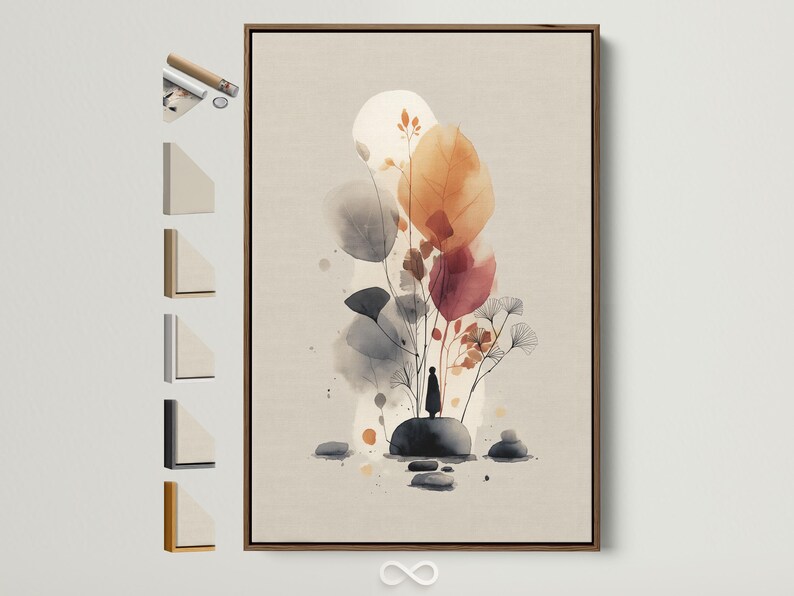 Abstract botanical artwork with watercolor-like leaves and orange flower heads on a beige background