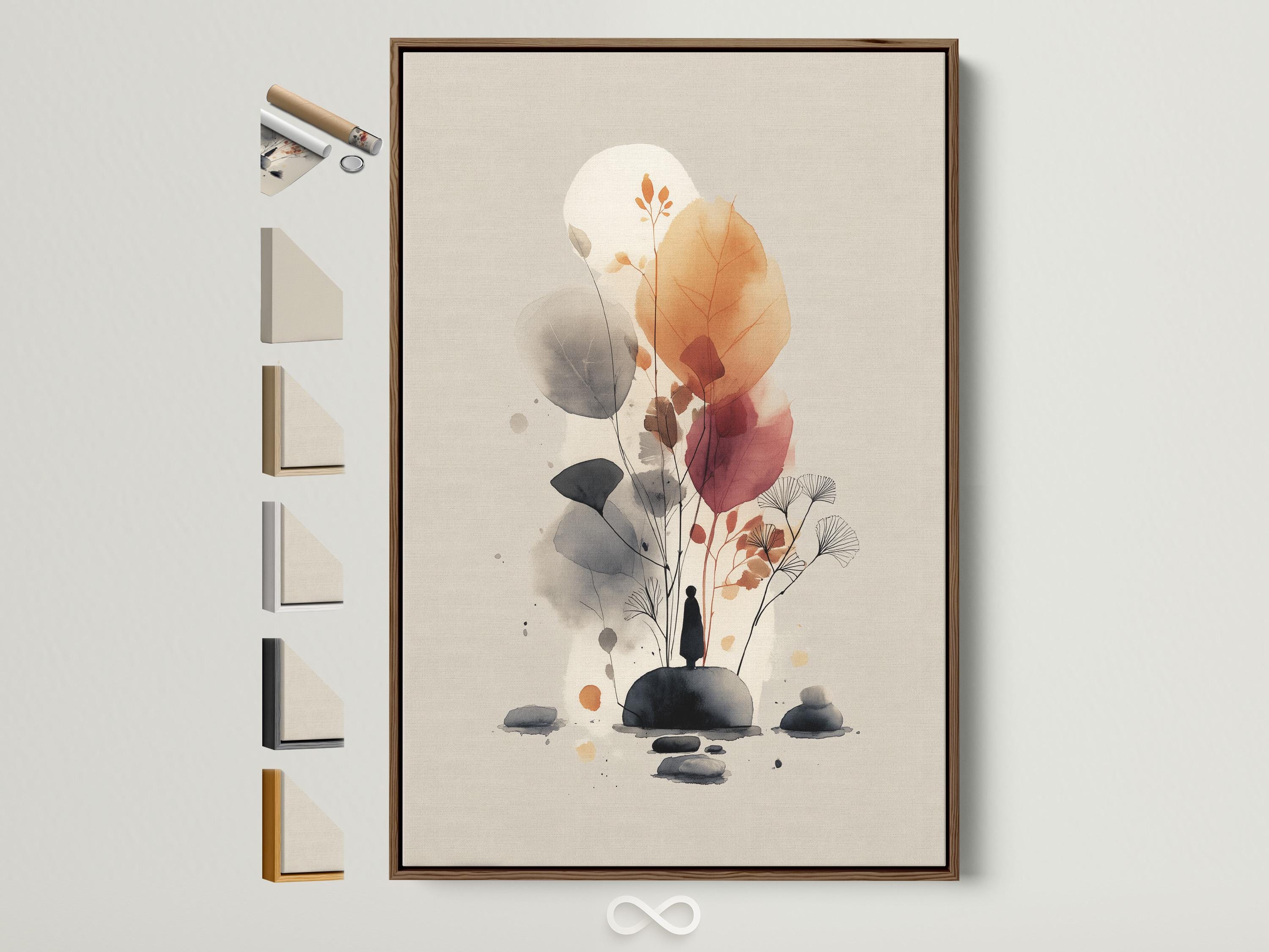 Abstract botanical artwork with watercolor-like leaves and orange flower heads on a beige background