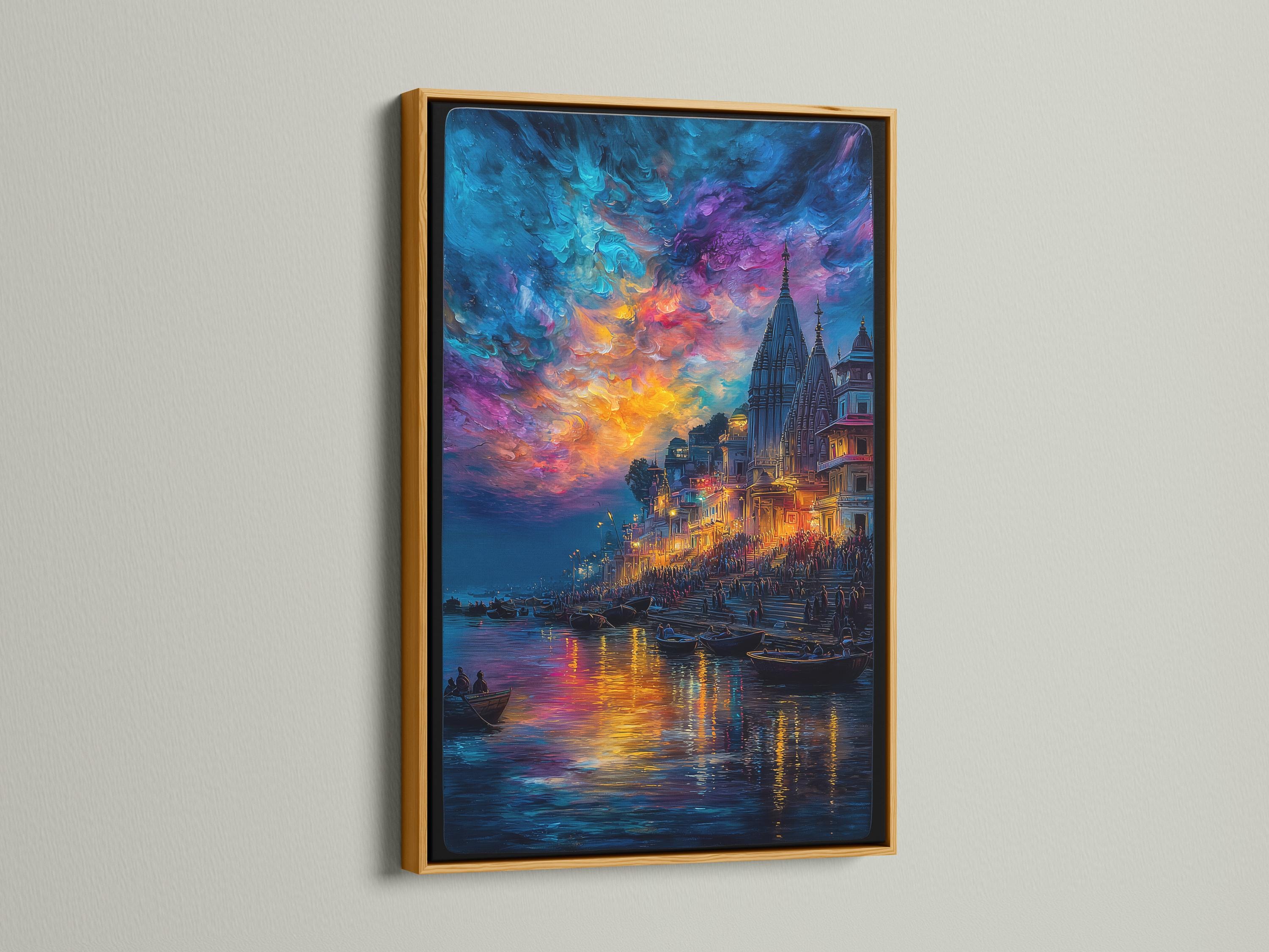 Painterly city riverscape at sunset with spired buildings, boats on reflective water and colourful clouds detail view
