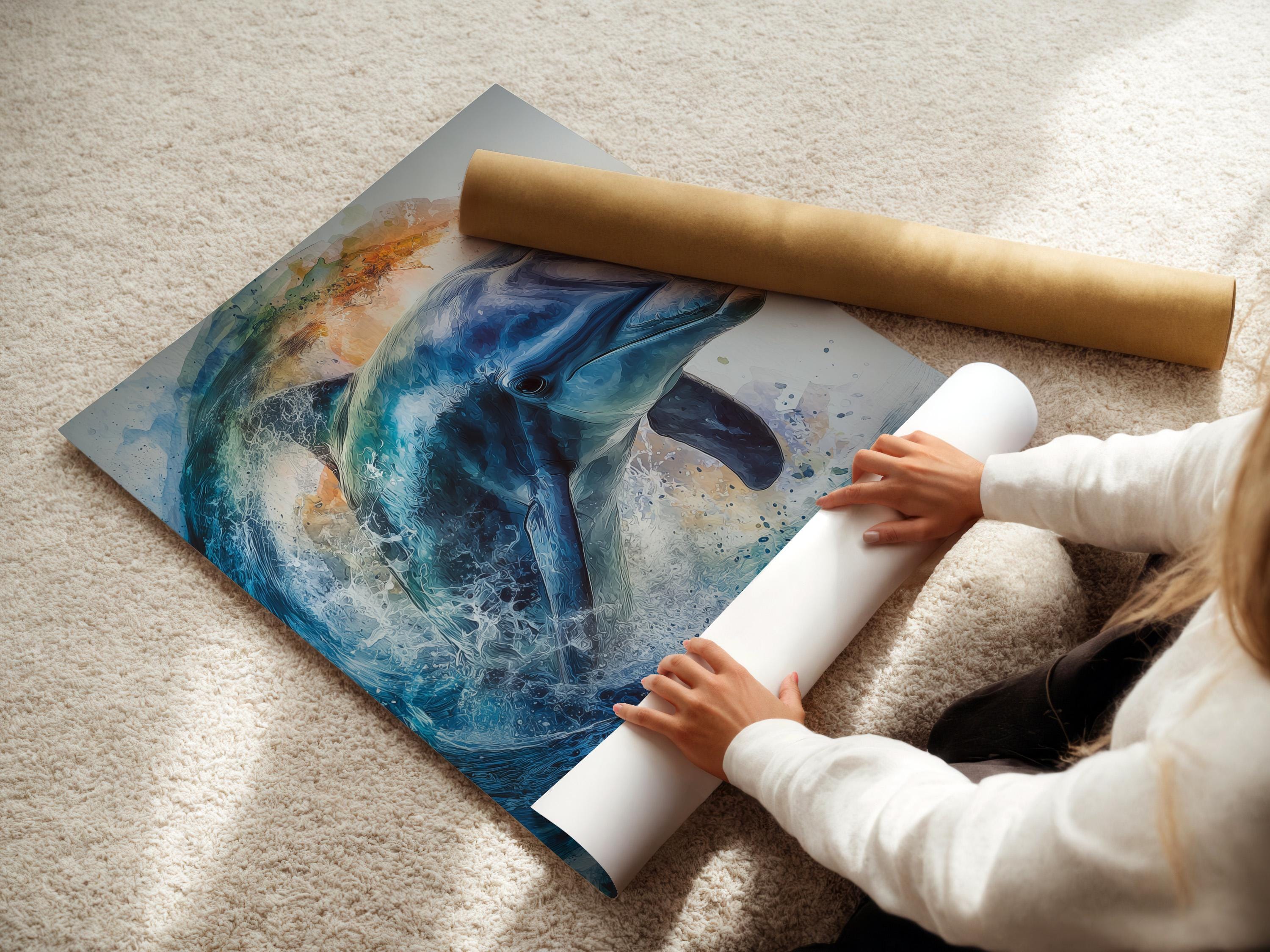 Mockup of blue dolphin ocean artwork shown in a framed layout