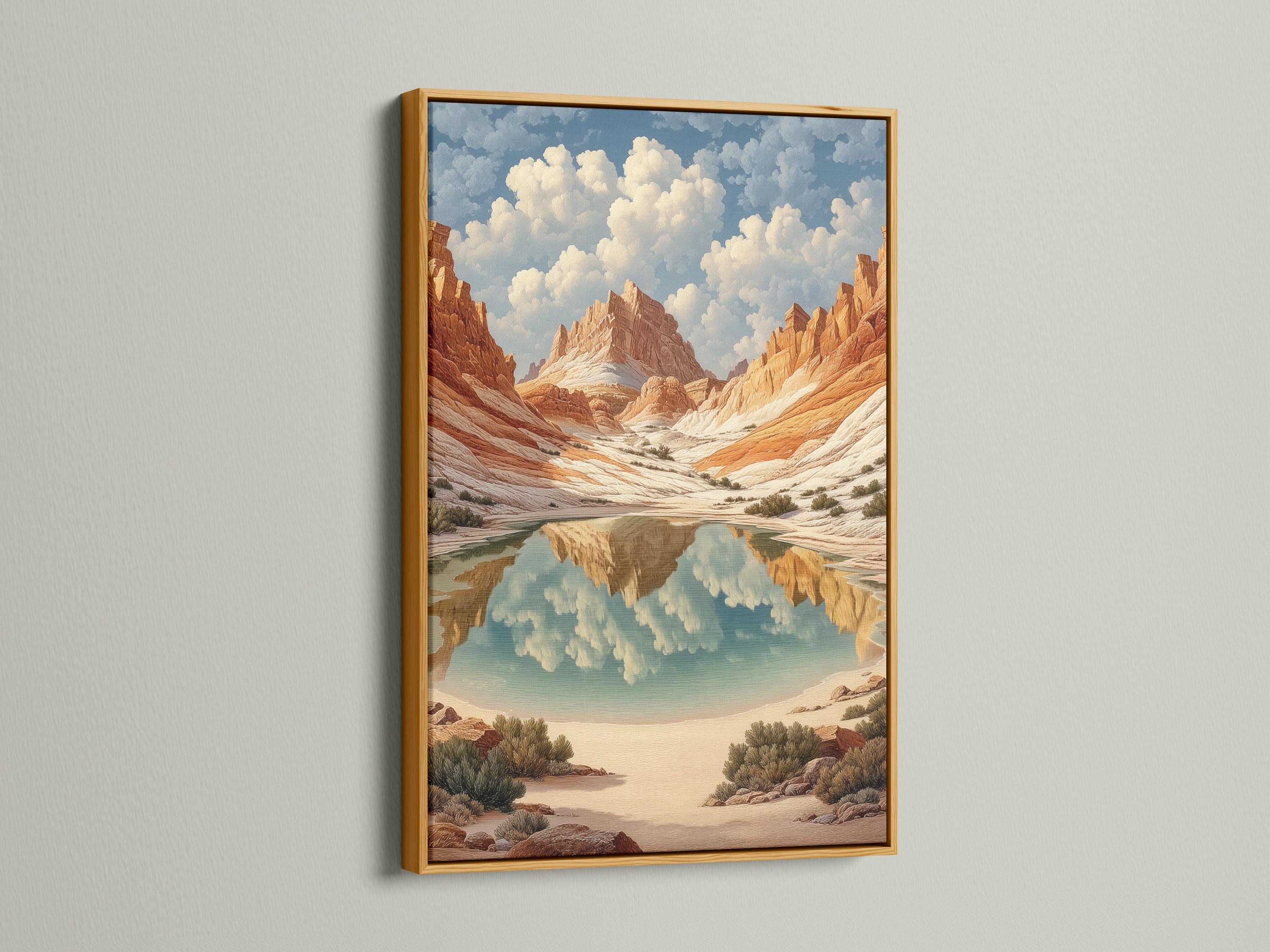 Terracotta desert canyon landscape with reflective water and cream clouds in a light blue sky detail view