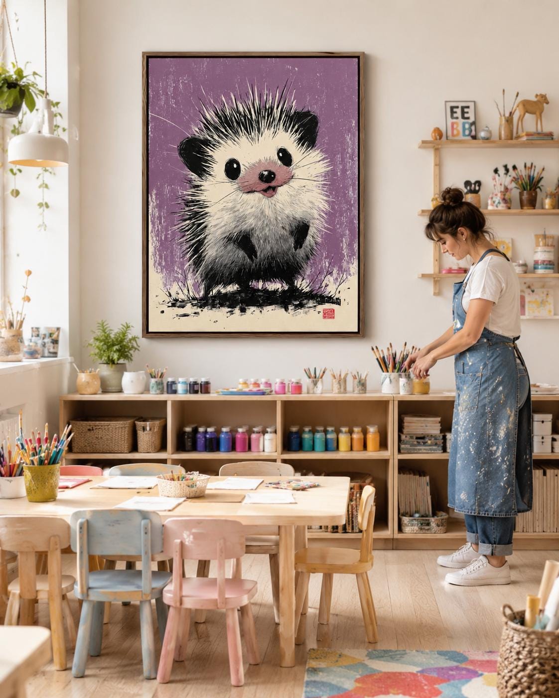 Hedgehog illustration in black and white on a textured lilac-purple background detail view