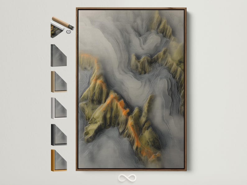 Abstract mountainscape with layered ridge lines in grey, olive green and warm amber tones