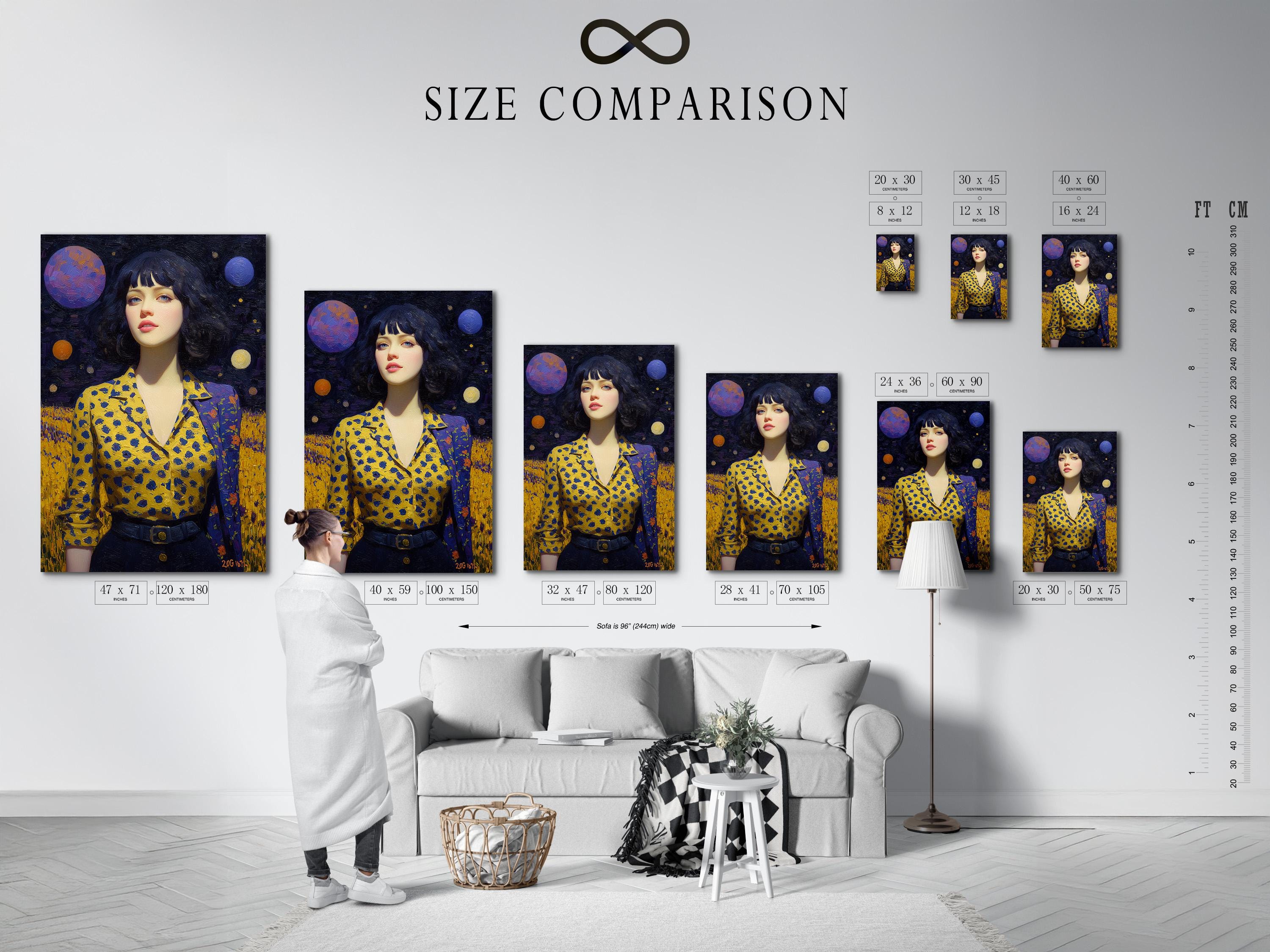 Stylised woman portrait in a dark starry galaxy with planets and a mustard-yellow patterned dress detail view