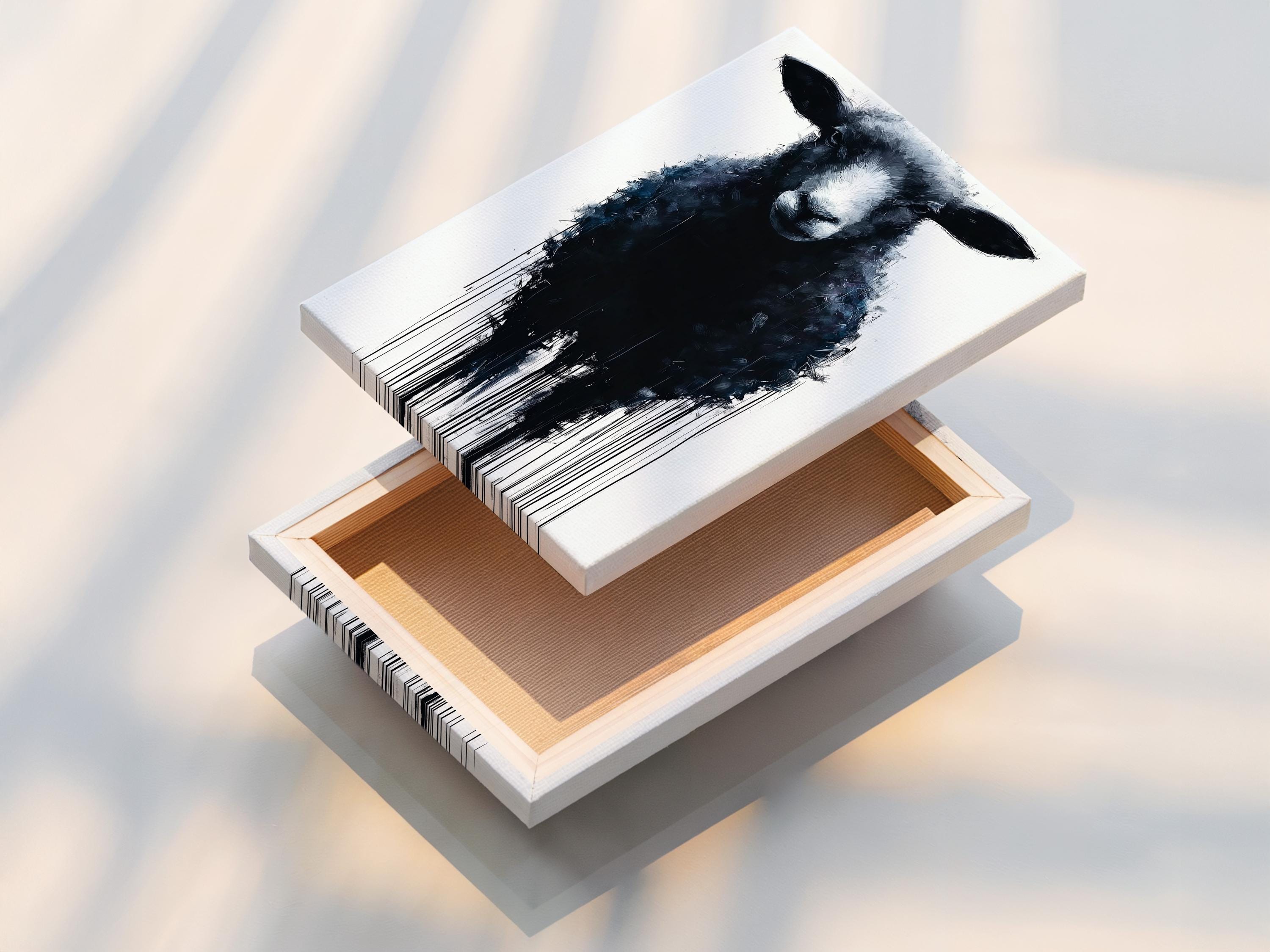 Sheep portrait artwork displayed in a bright industrial-style room