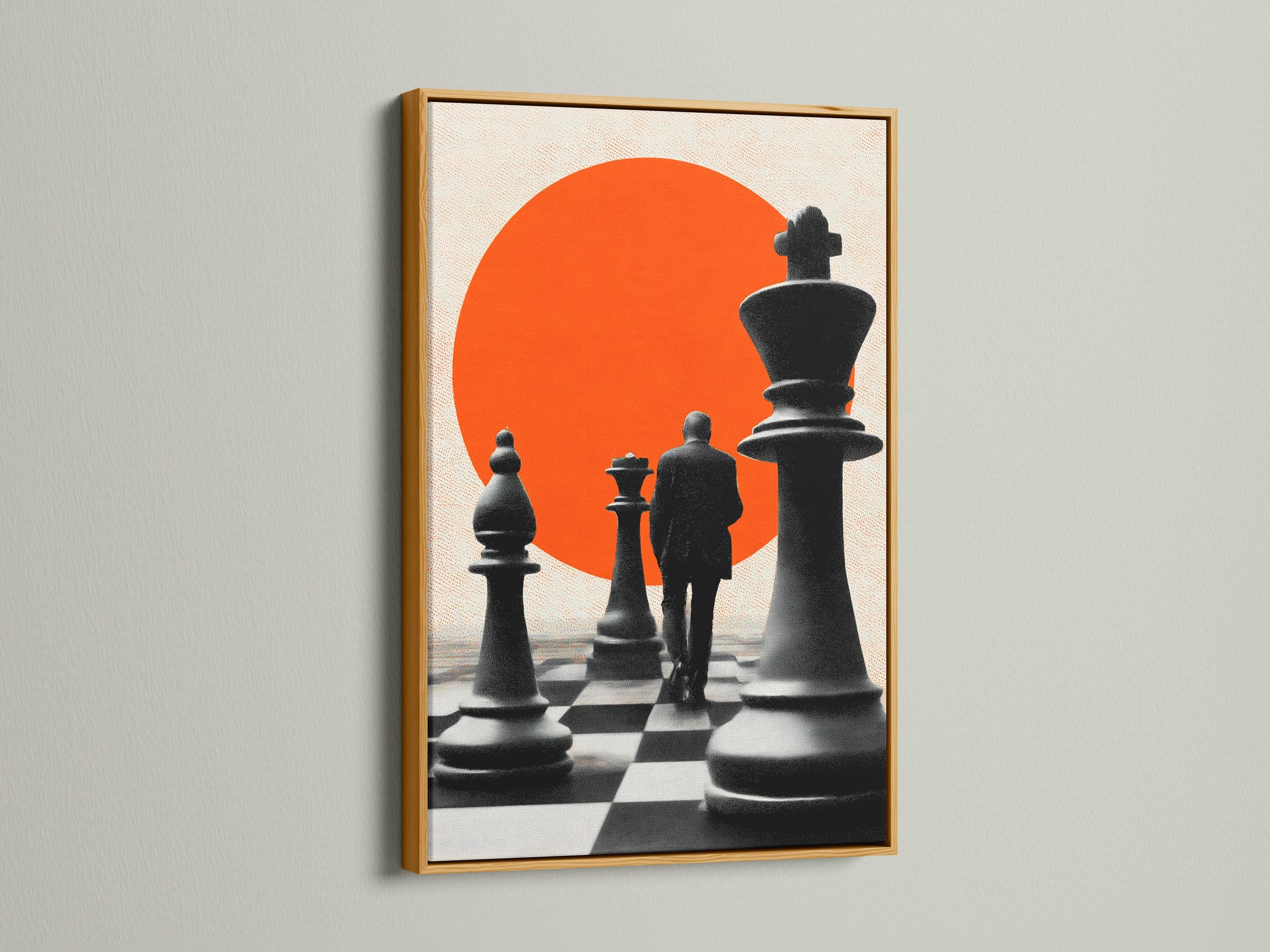 Chess canvas wall art in a frame, showing black pieces on a checkered floor with an orange circle backdrop