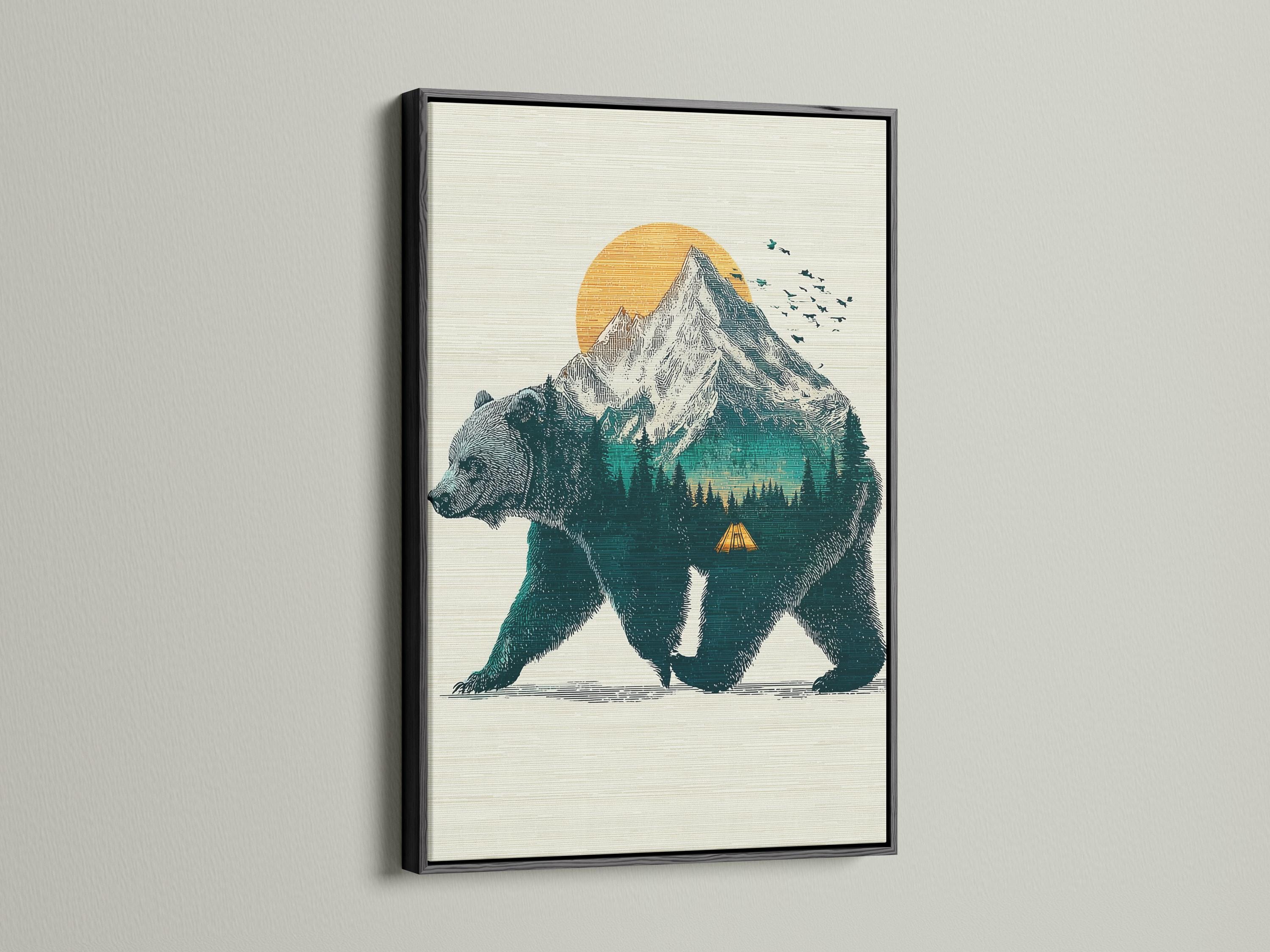 Illustration of a teal bear walking with a mountain and orange sun in the background detail view