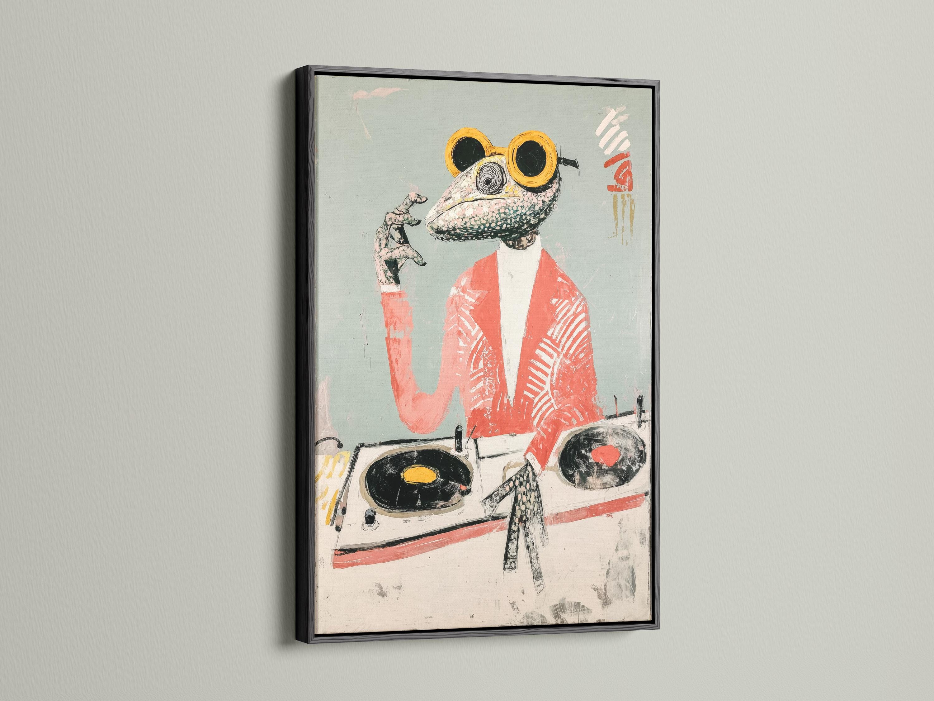Stylised reptile DJ with goggles and headset beside a turntable on a pale teal background detail view