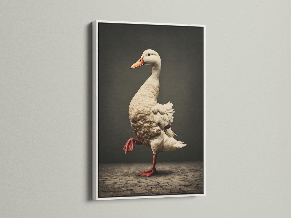 Vintage duck illustration in cream and rust red-orange standing on cobblestone-like ground against a dark background detail view