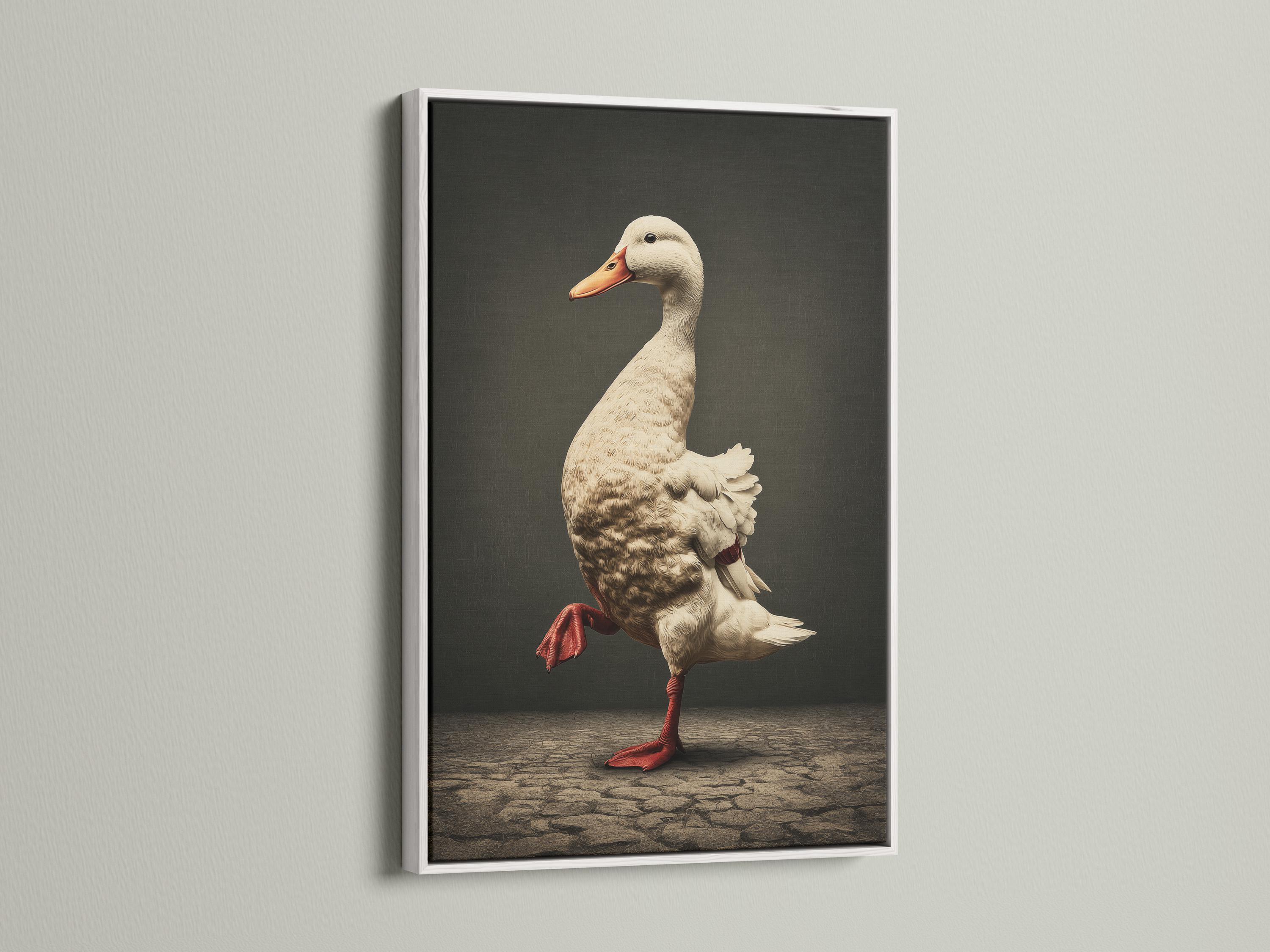 Vintage duck illustration in cream and rust red-orange standing on cobblestone-like ground against a dark background detail view
