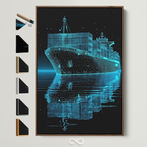 Cargo Ship Blueprint Art Print - Nautical Vessel Wall Decor, Black and Blue Maritime Artwork, Modern Office Art, Gift for Ship Captain