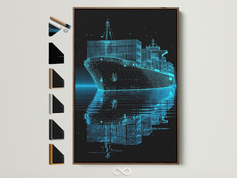 Cyan blueprint cargo ship on a dark background with dotted lines and water reflection