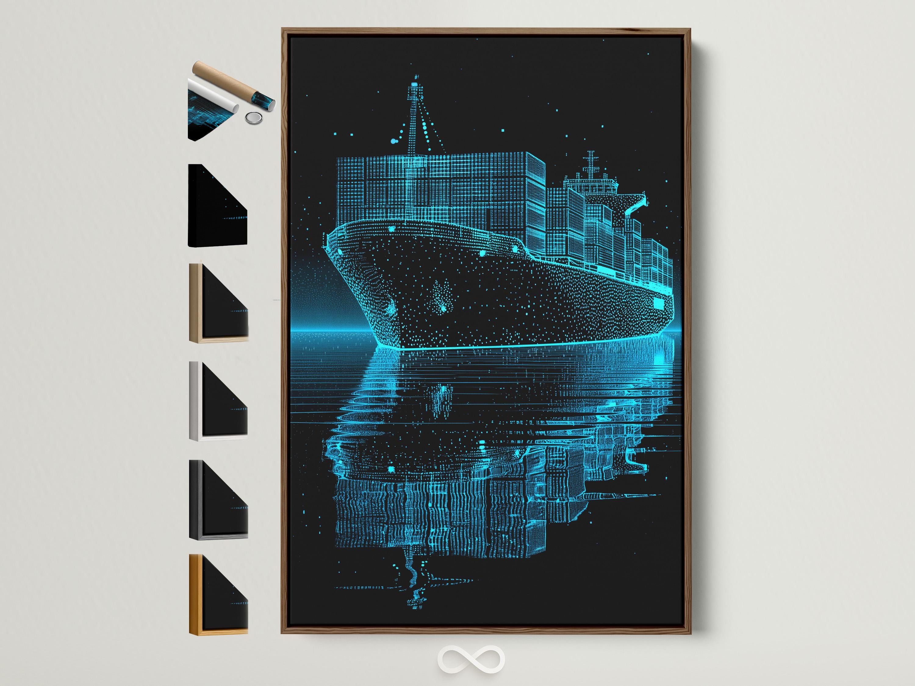 Cyan blueprint cargo ship on a dark background with dotted lines and water reflection