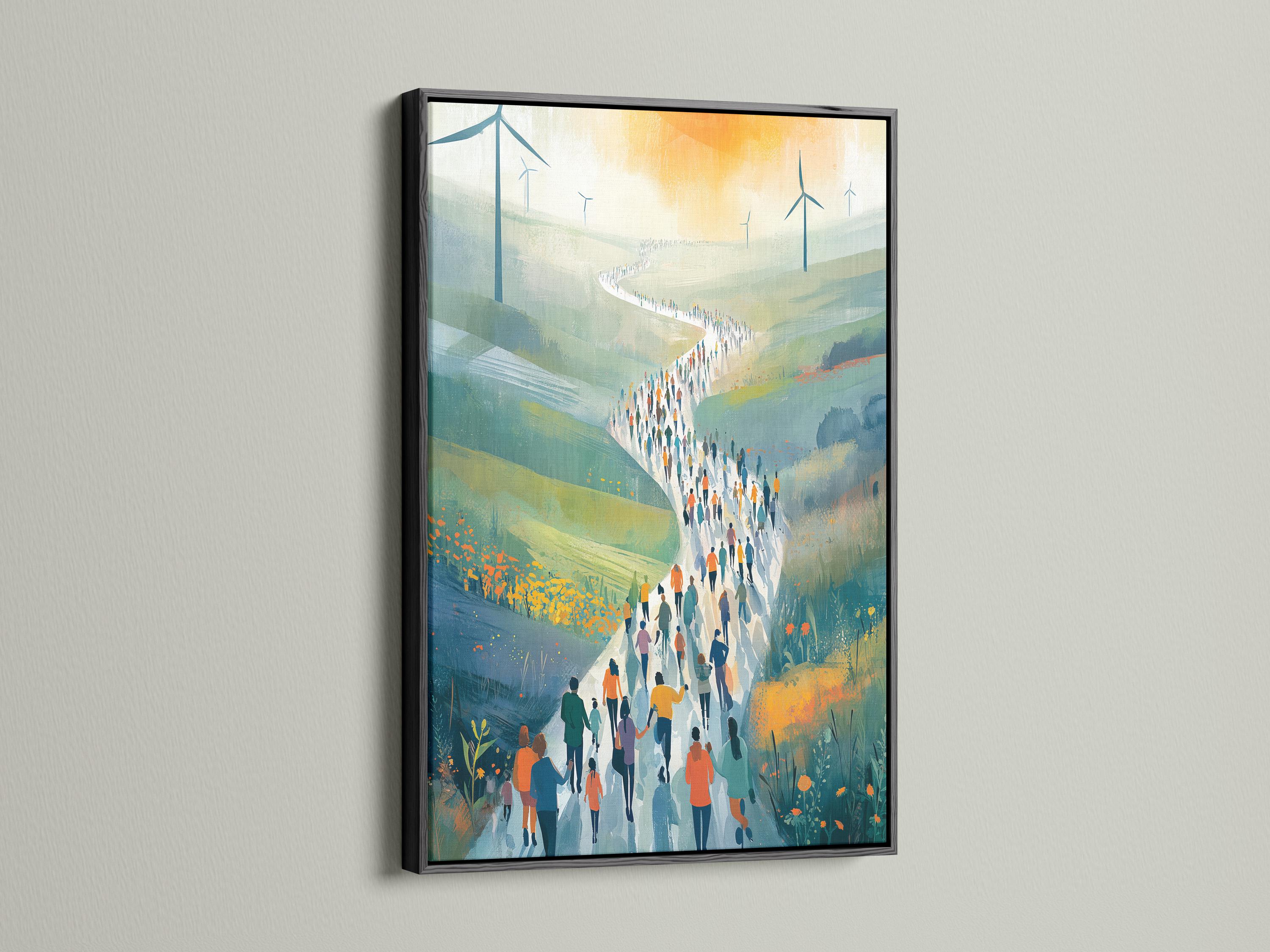 Wind turbine landscape with a walking crowd along a winding path through blue-green hills detail view