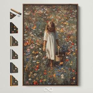 Stampa su tela raffigurante una ragazza in un campo di fiori selvatici, con stampa impressionista di un prato floreale, decorazione rustica in stile cottage, regalo per figlia e nipote.