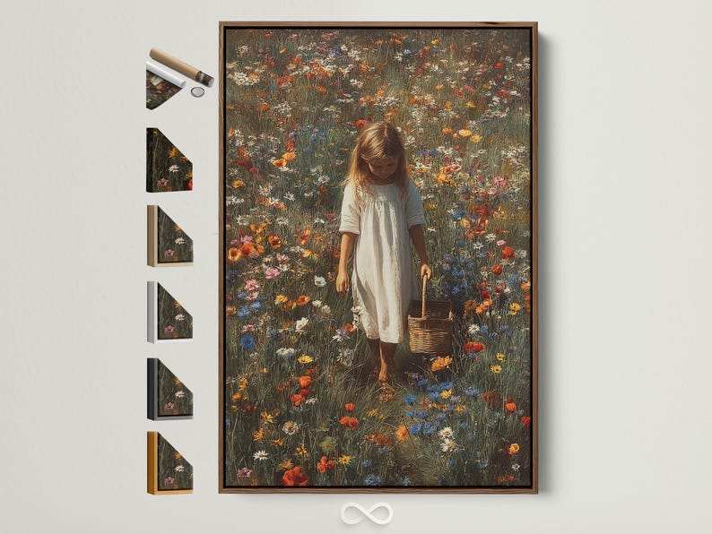 Painterly wildflower meadow scene with a young girl holding a basket and wearing a light dress