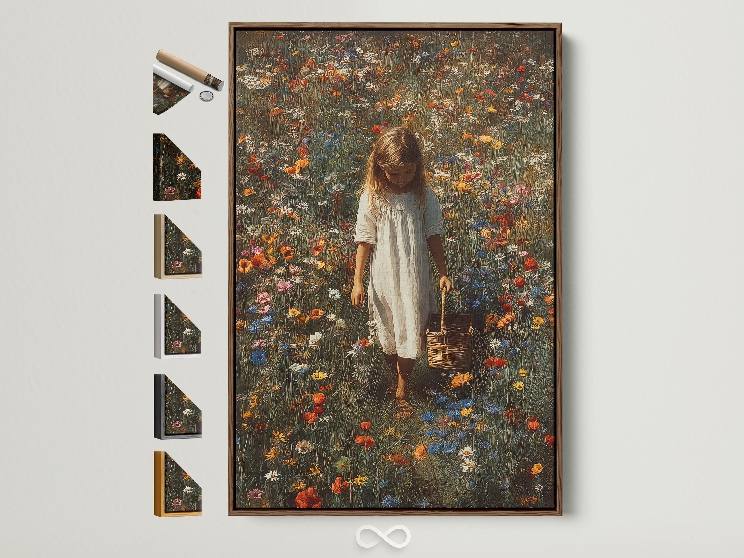 Painterly wildflower meadow scene with a young girl holding a basket and wearing a light dress