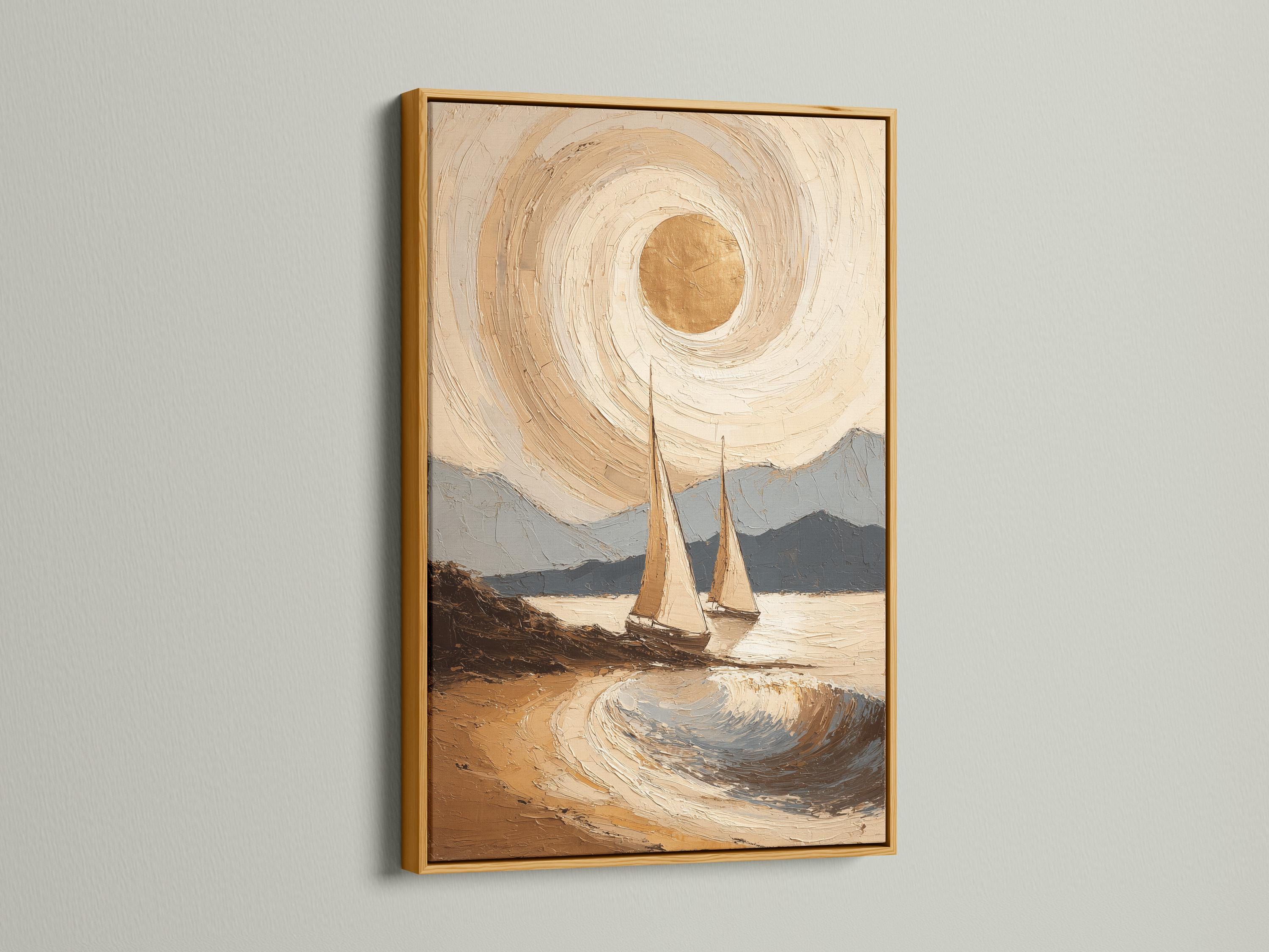 Painterly neutral seascape with a golden sun, swirling clouds, rippling waves and two sailboats detail view