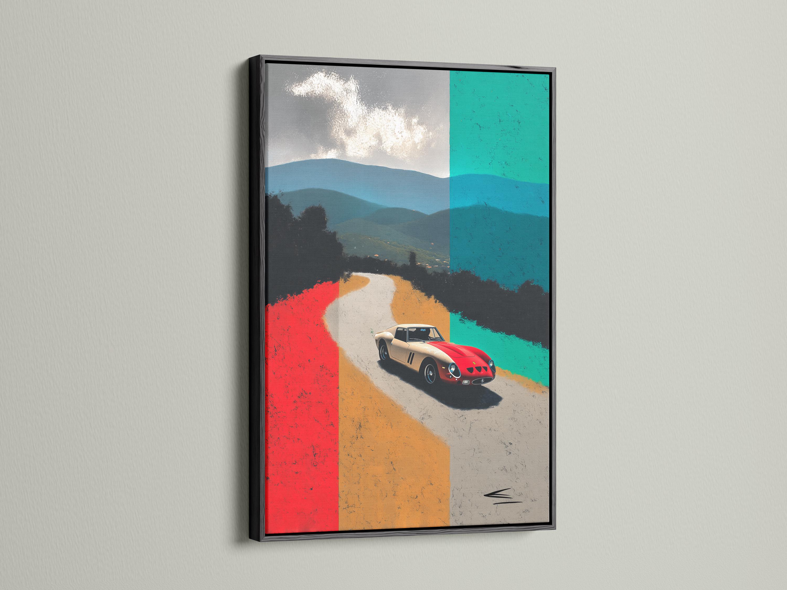 Classic sports car on a pale road with red and teal geometric background blocks detail view