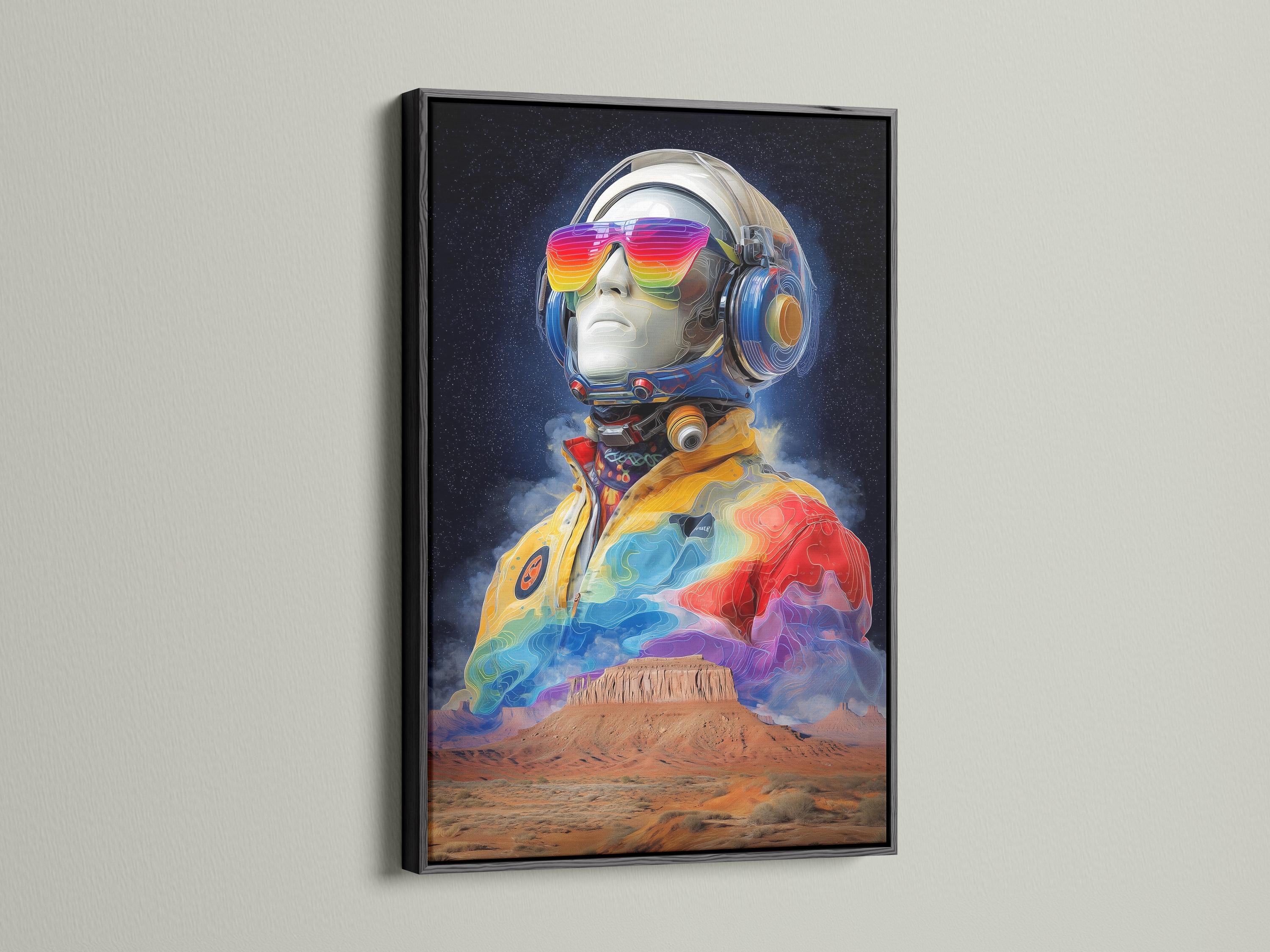 Futuristic astronaut standing in a desert under a dark starry sky with rainbow colours on the helmet and suit detail view
