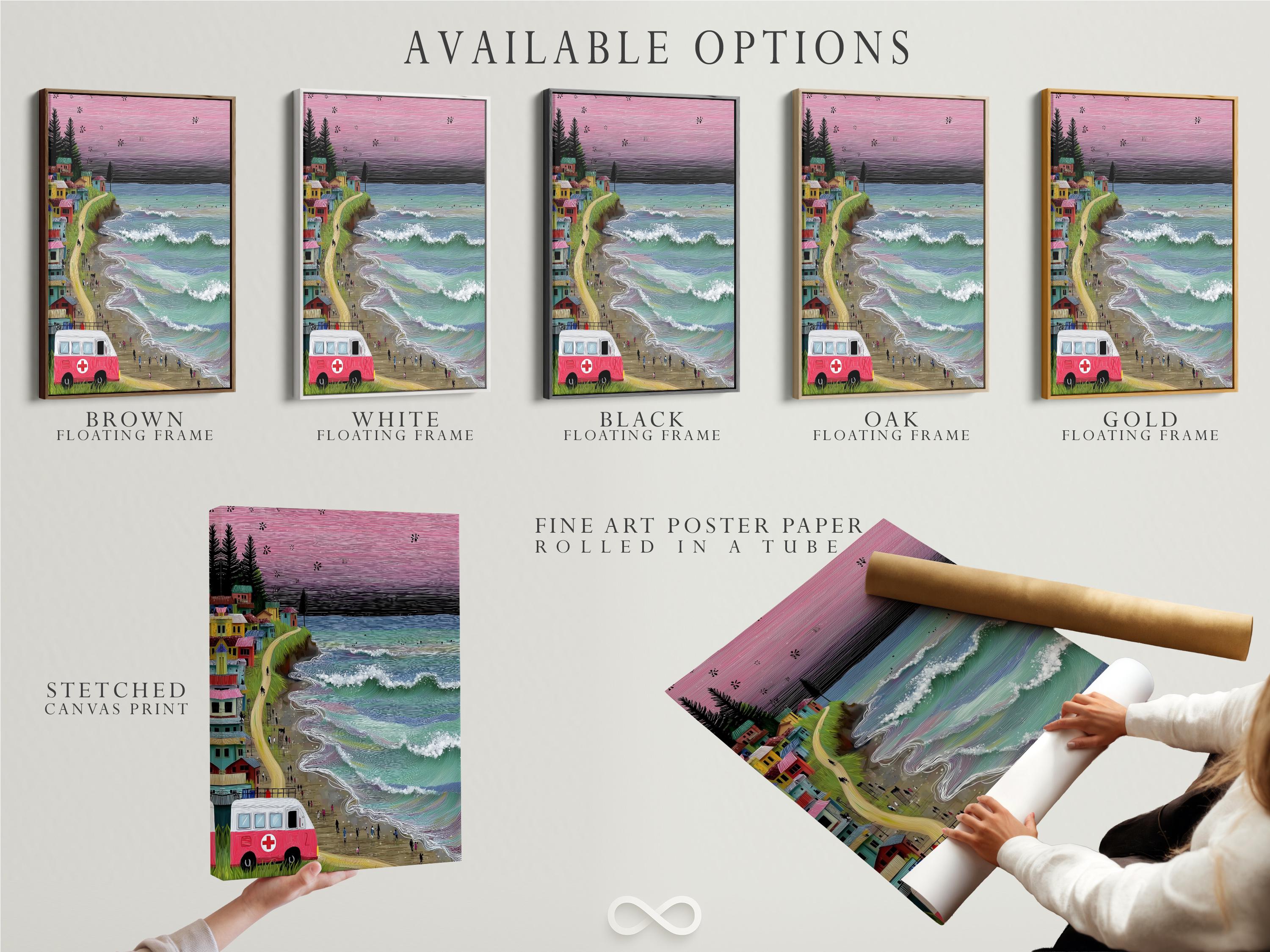Retro beach village artwork with a pink sunset sky, ocean waves, and a red-and-white van detail view