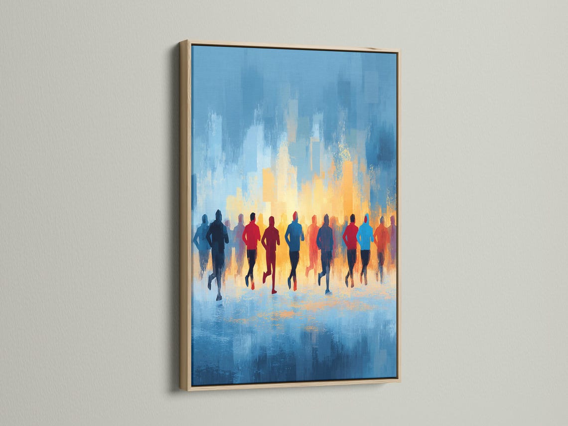 Abstract runners silhouette scene with blue skyline and warm orange horizon glow detail view