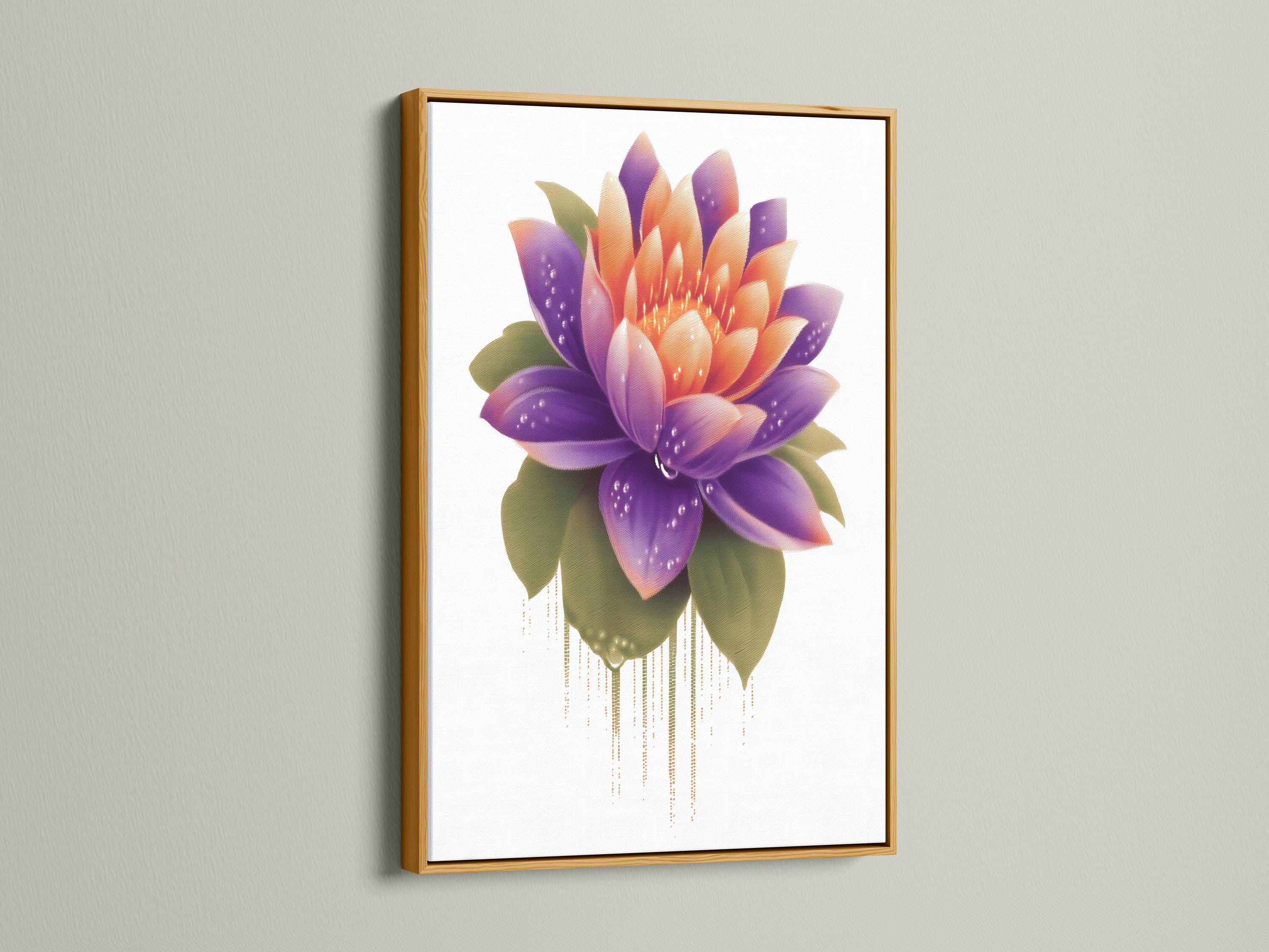 Lotus flower artwork with purple and orange petals and green leaves on a white background detail view