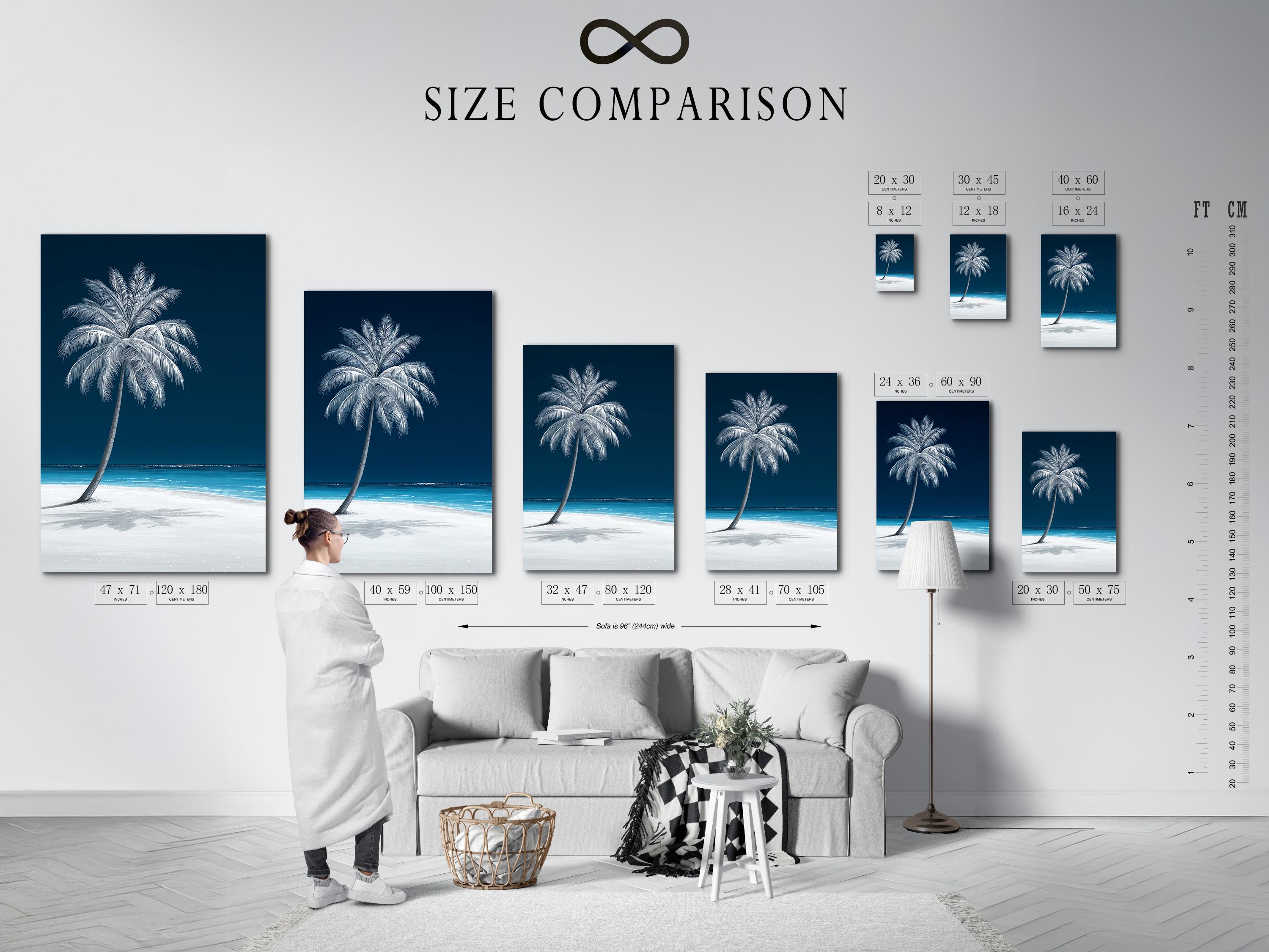 Room mockup showing framed palm tree seascape artwork