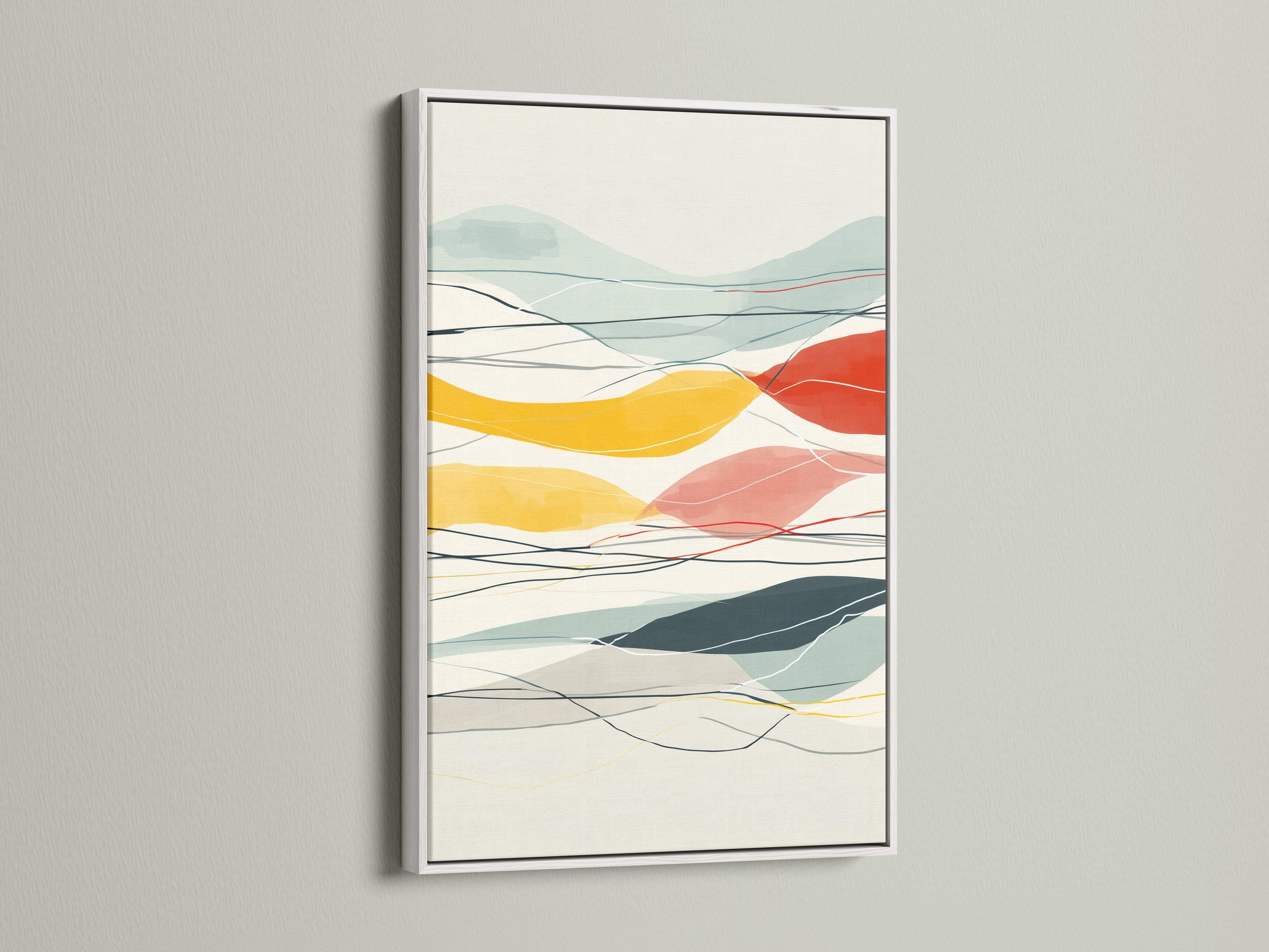 Mountain-inspired abstract geometric landscape in mint, cream, ochre and red with contour lines detail view